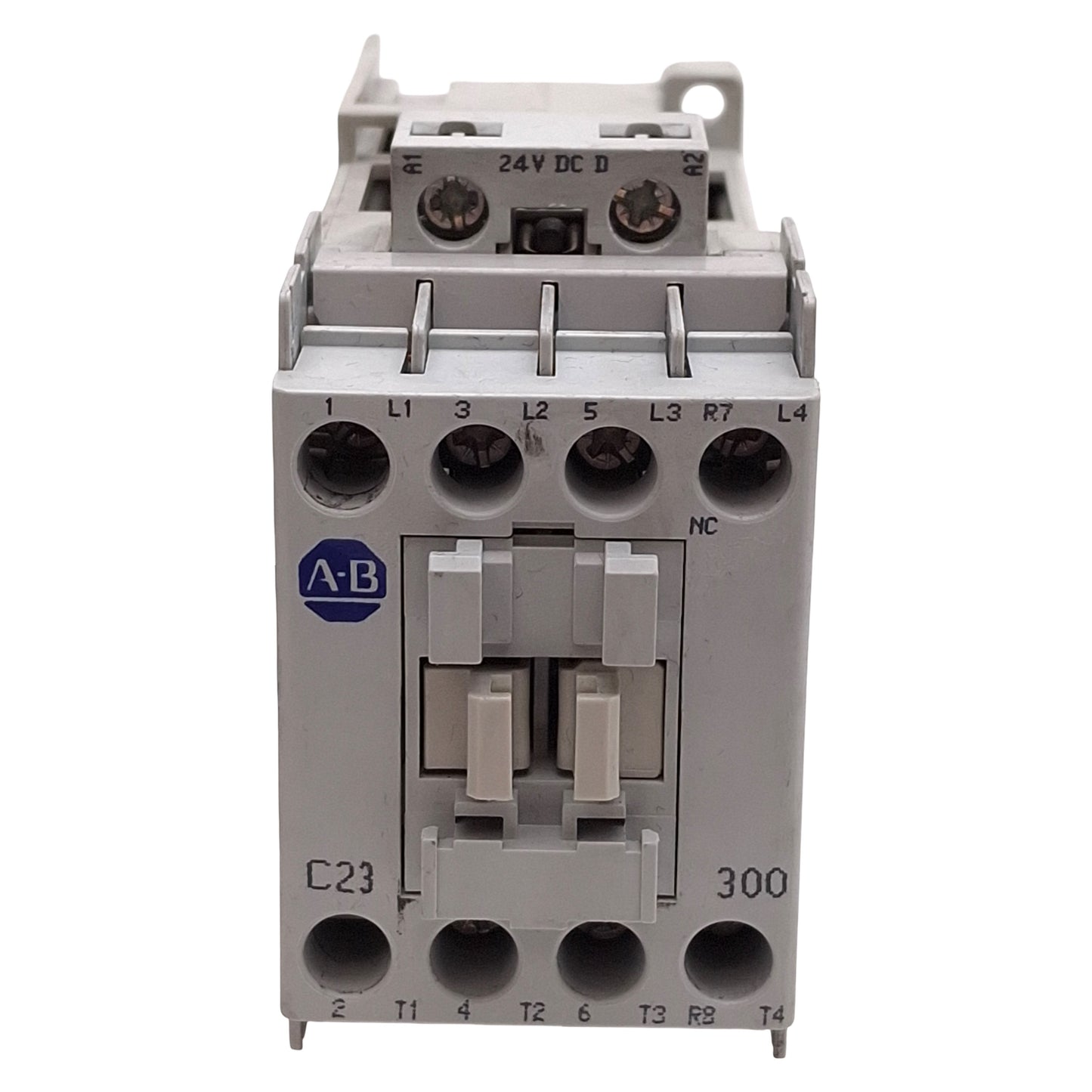 Used Allen Bradley 100-C23ZJ300 Contactor, 3NO+1NC, 23A, 15HP @ 3Ø 575VAC, 24VDC Coil