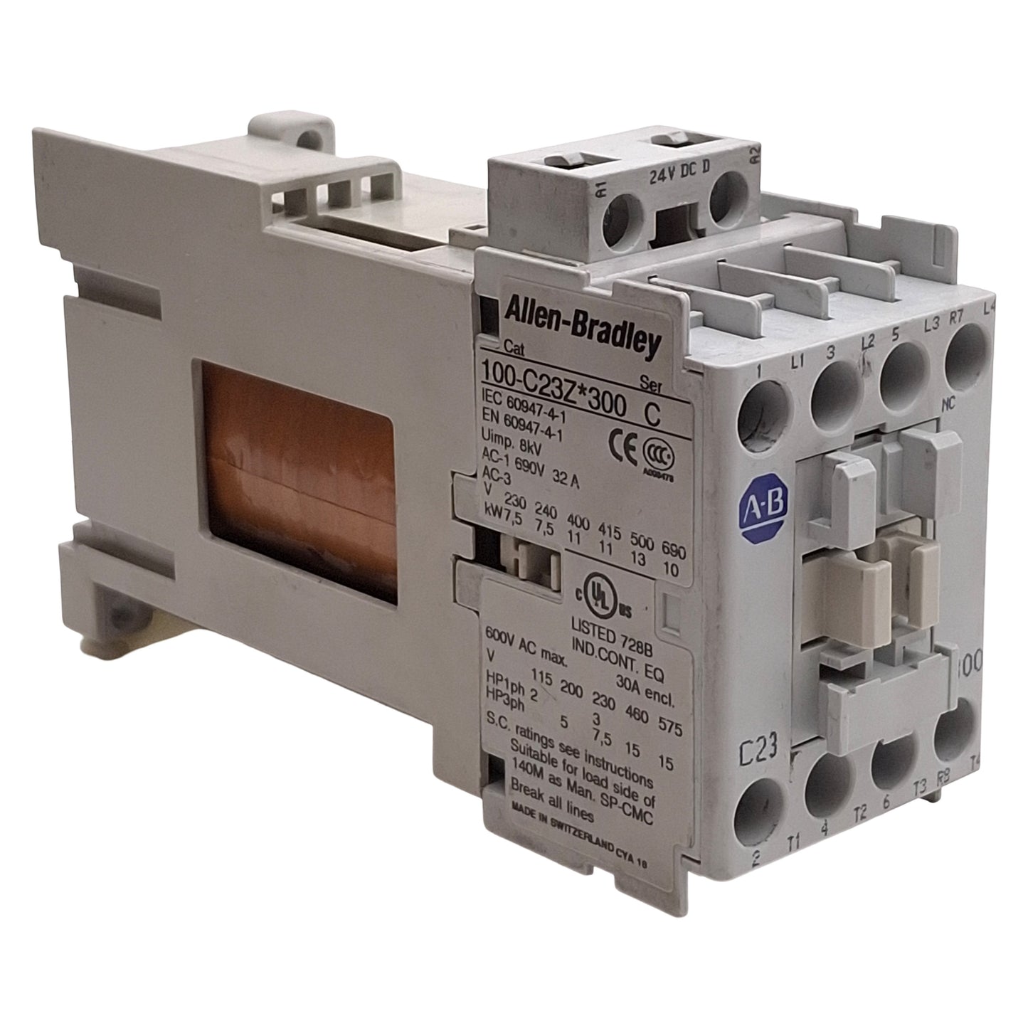 Used Allen Bradley 100-C23ZJ300 Contactor, 3NO+1NC, 23A, 15HP @ 3Ø 575VAC, 24VDC Coil