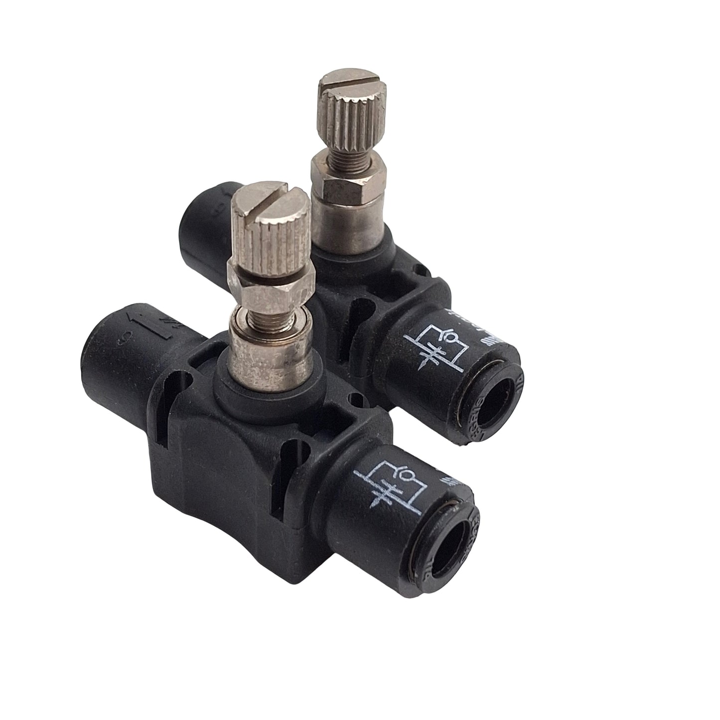 Used Lot of 2 Legris 7770 56 00 In-Line Flow Control Air Regulator Needle Valves 1/4"