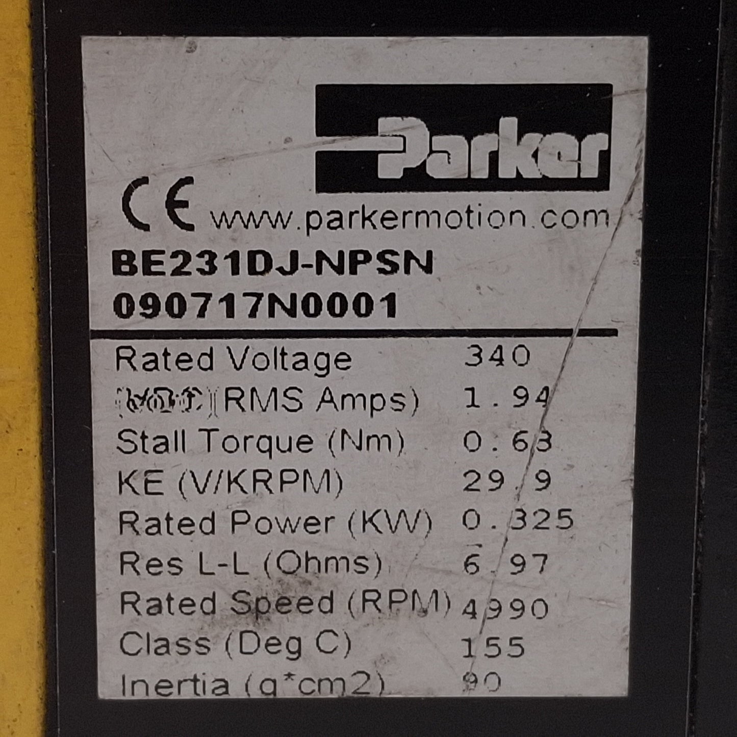 Used Parker BE231DJ-NPSN Servo Motor, 0.325kW, 1.94A, 340VDC Bus, 4990rpm, NEMA 23