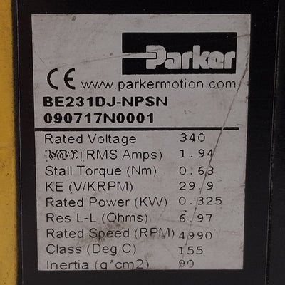 Used Parker BE231DJ-NPSN Servo Motor, 0.325kW, 1.94A, 340VDC Bus, 4990rpm, NEMA 23