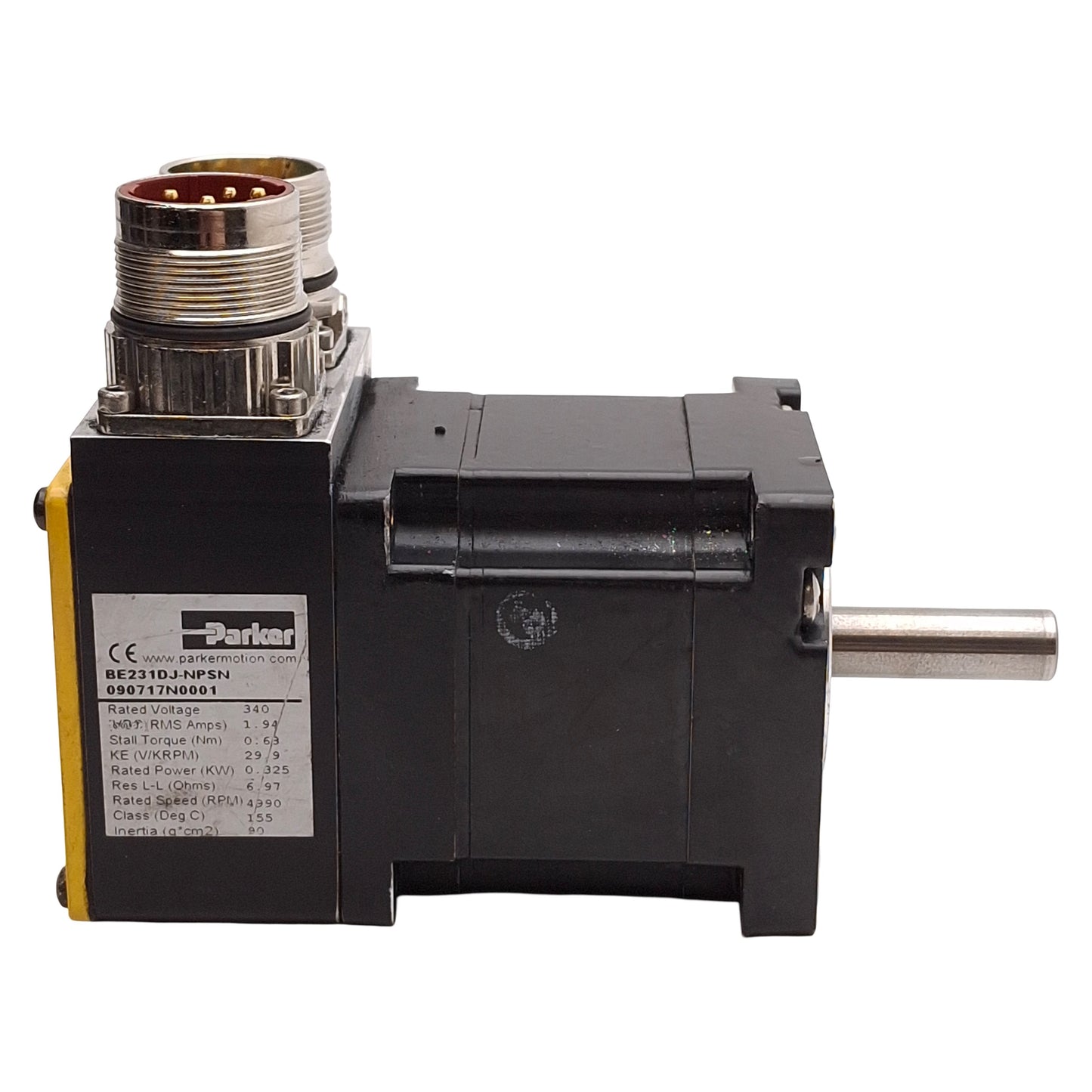 Used Parker BE231DJ-NPSN Servo Motor, 0.325kW, 1.94A, 340VDC Bus, 4990rpm, NEMA 23