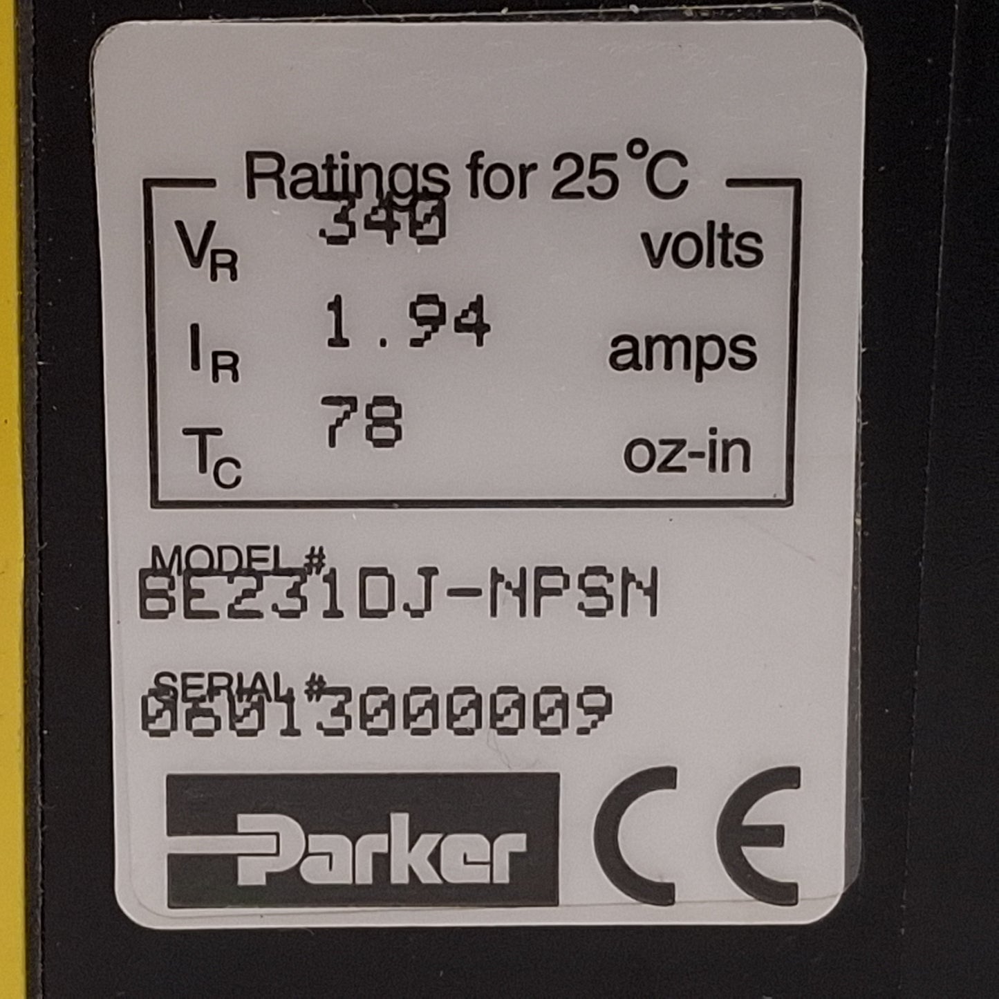 Used Parker BE231DJ-NPSN Servo Motor, 0.325kW, 340VDC Bus, 1.94A, 4990rpm, NEMA 23