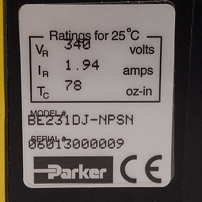 Used Parker BE231DJ-NPSN Servo Motor, 0.325kW, 340VDC Bus, 1.94A, 4990rpm, NEMA 23