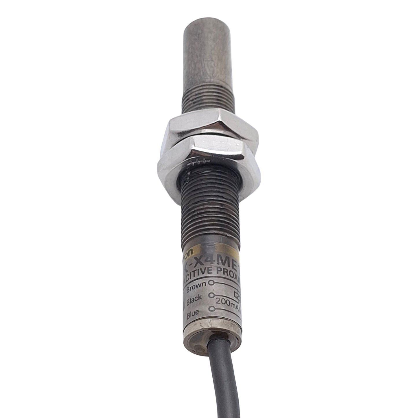 Used Omron E2K-X4ME1 Capacitive Proximity Sensor, NPN N/O, 4mm Range, 12-24VDC, M12