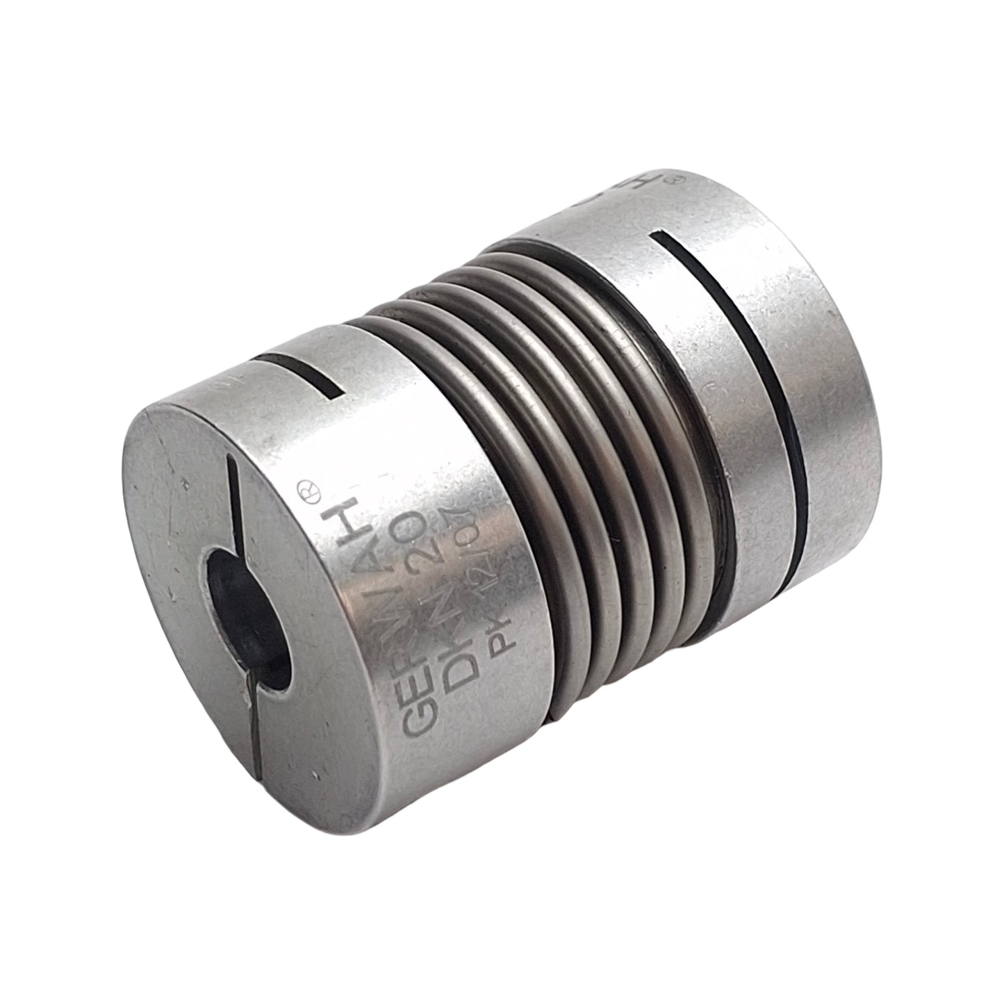 Used Gerwah DKN 20/32-8-3/8 Metal Bellows Coupling, 25mm OD, 8mm & 3/8" Bores, 32mm L