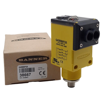 New Banner Q45BB6FQ5 Rugged Glass Fiber Optic Amplifier NPN/PNP, 10-30VDC, 4-Pin M12