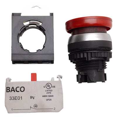 Used Baco L21AC01-3E01 Red Momentary Pushbutton, ø32mm Mushroom, Chrome Bezel, 1NC