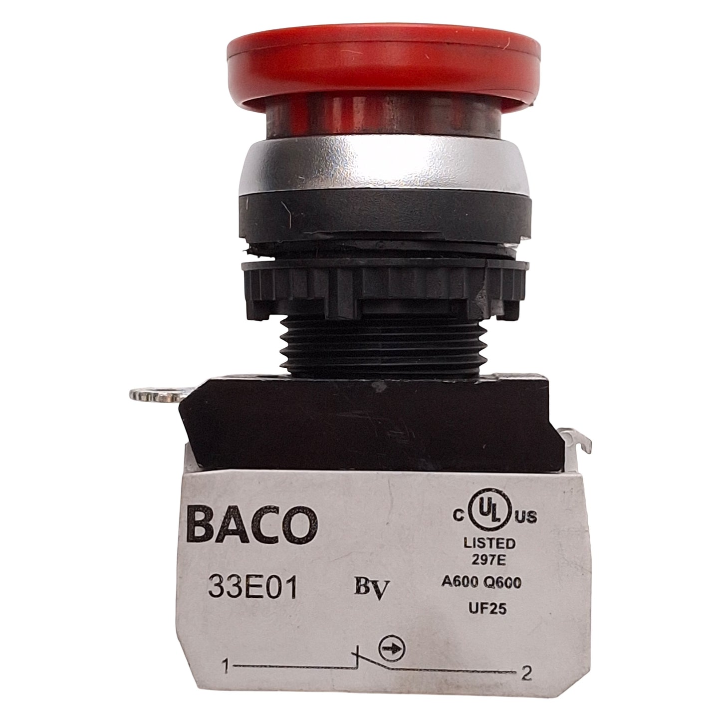 Used Baco L21AC01-3E01 Red Momentary Pushbutton, ø32mm Mushroom, Chrome Bezel, 1NC