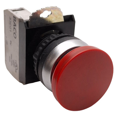 Used Baco L21AC01-3E01 Red Momentary Pushbutton, ø32mm Mushroom, Chrome Bezel, 1NC
