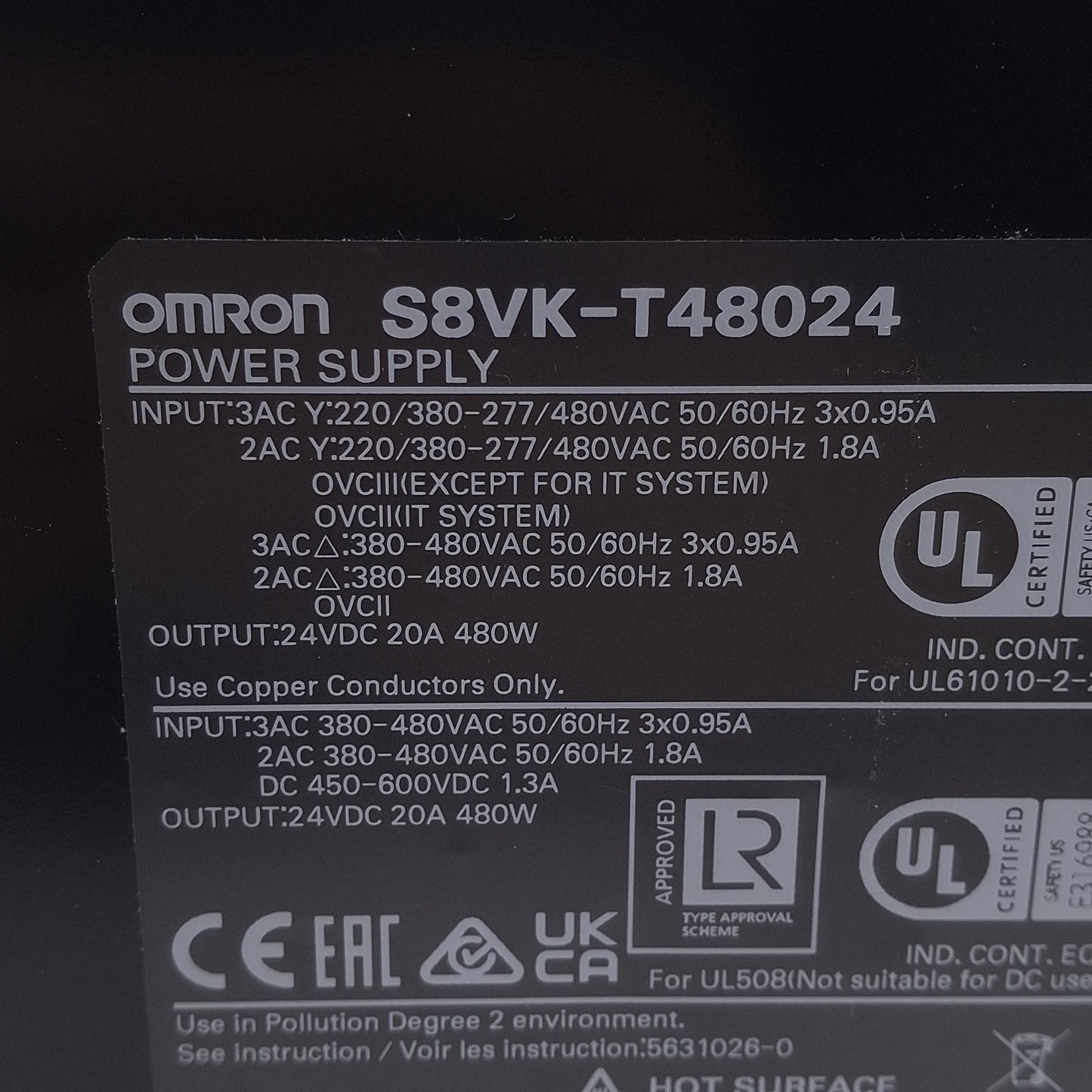 Used Omron S8VK-T48024 Switching Power Supply, 380-480VAC In, 20A 24VDC Out, DIN Rail