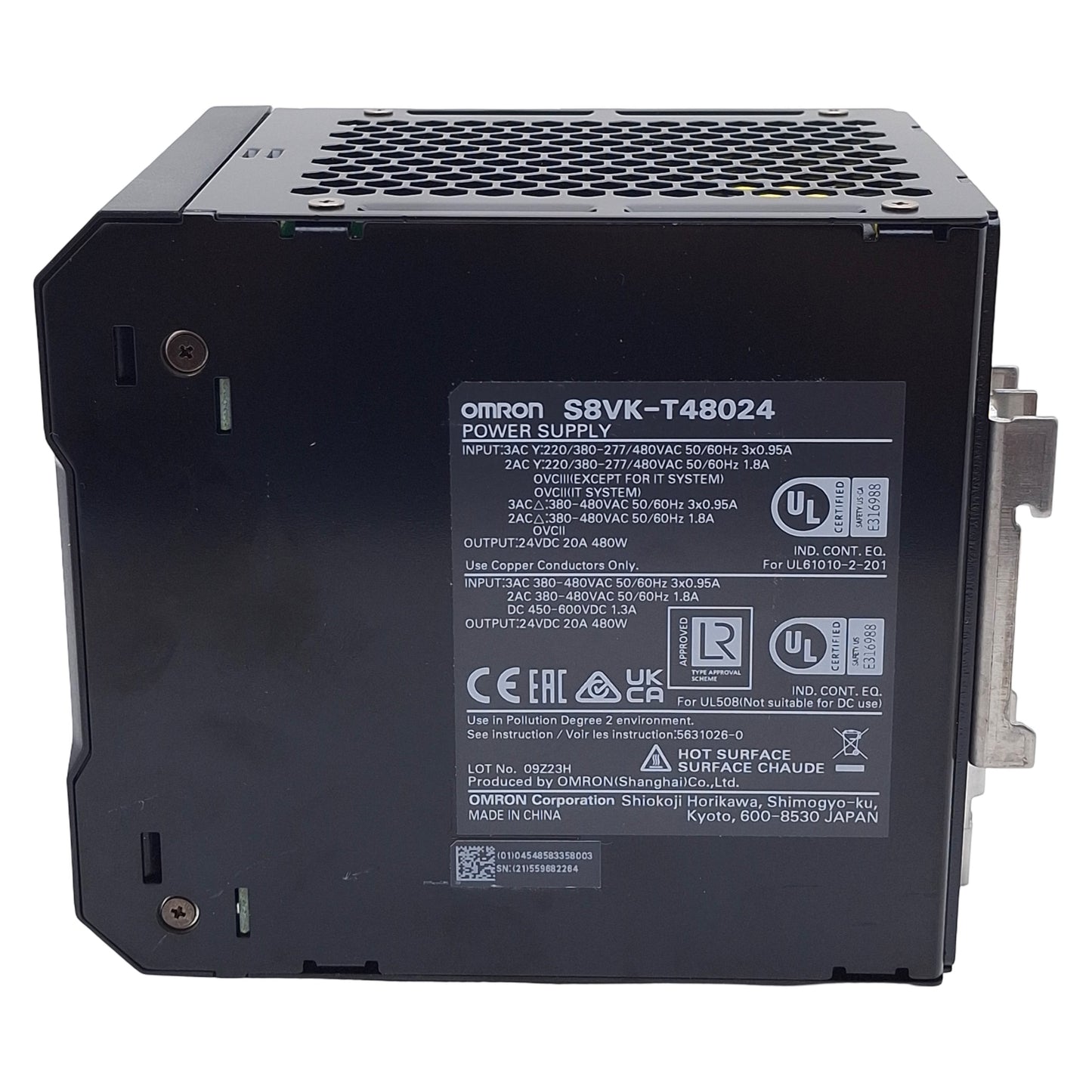 Used Omron S8VK-T48024 Switching Power Supply, 380-480VAC In, 20A 24VDC Out, DIN Rail