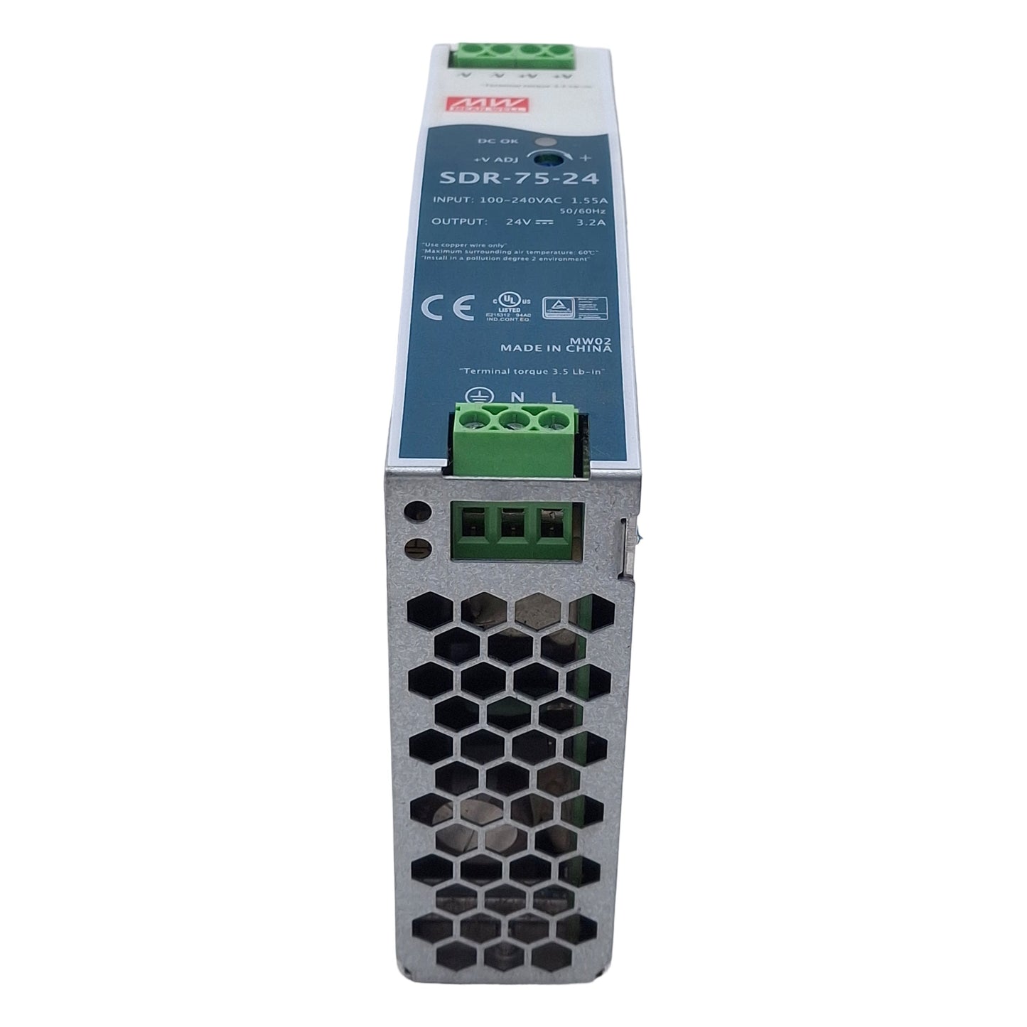Used Mean Well SDR-75-24 Power Supply, 100-240VAC In, 3.2A 24VDC Out, Screw Mount