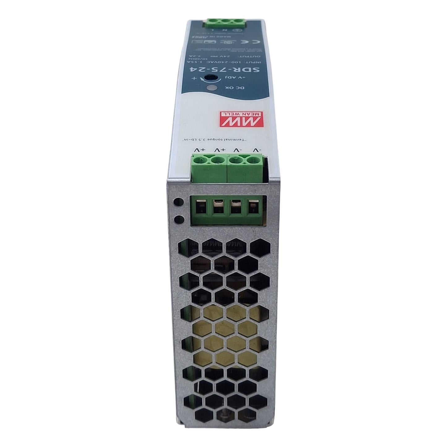 Used Mean Well SDR-75-24 Power Supply, 100-240VAC In, 3.2A 24VDC Out, Screw Mount