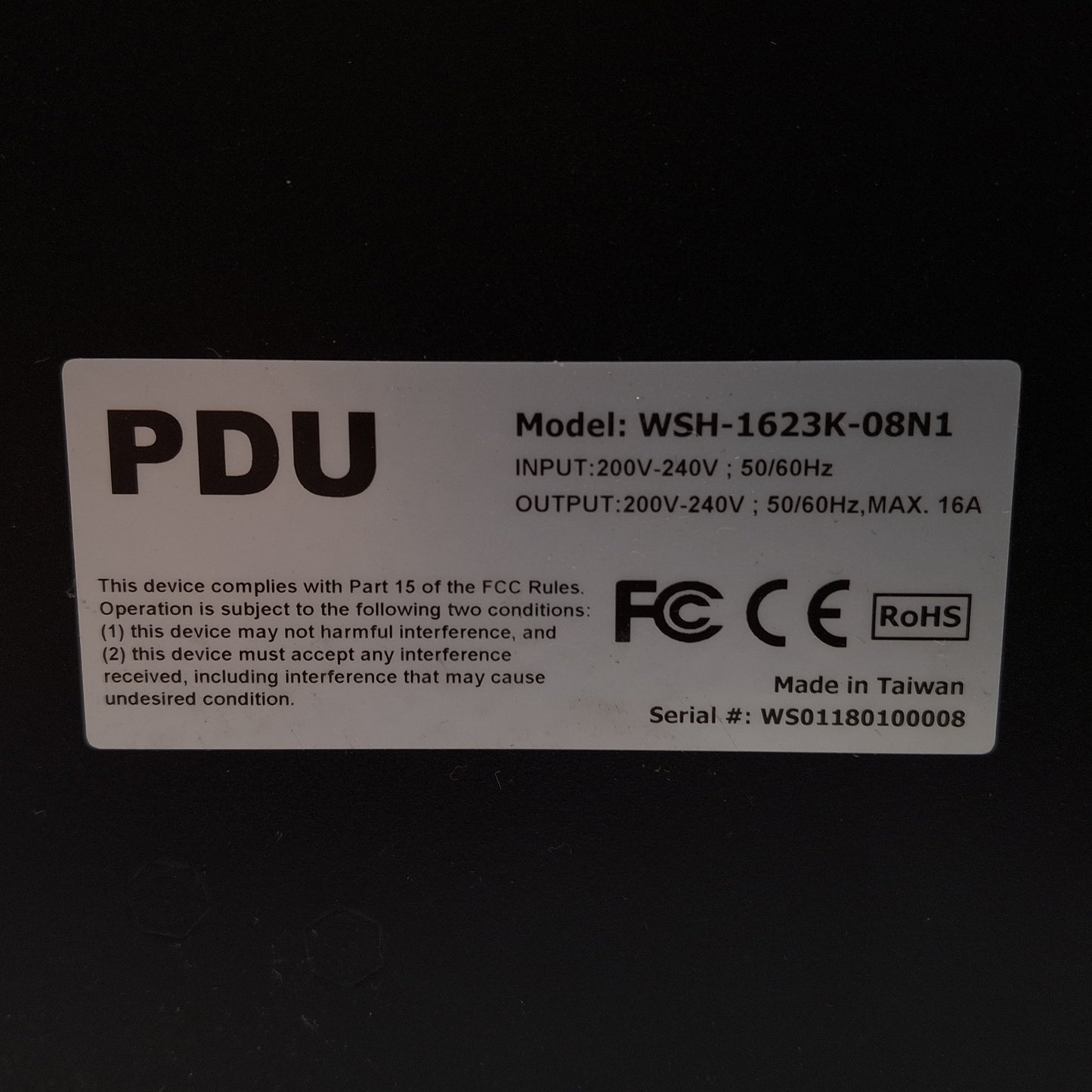 Used Digipower WSH-1623K-08N1 Switched PDU, 8-Outlet, C20, RJ11, RJ45, 230VAC 16A