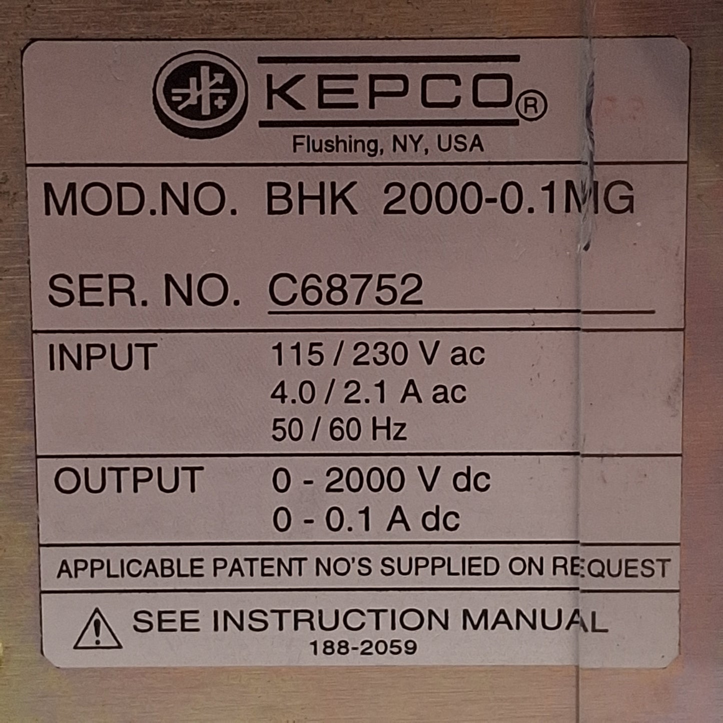 Used Kepco BHK 2000-0.1MG High Voltage DC Power Supply, 0-2000VDC 0-0.1A, 115/230VAC