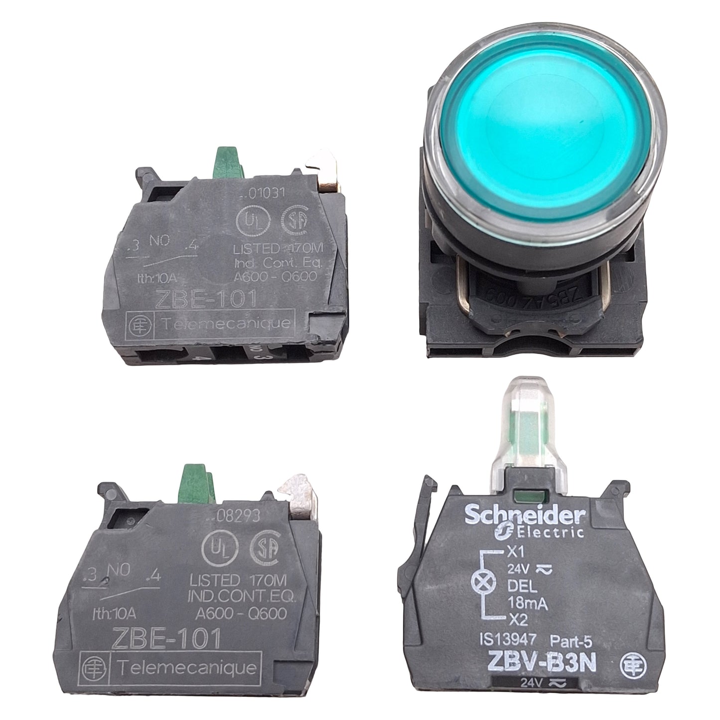 Used Schneider Electric XB5AW33B3 Green Illuminated Momentary Pushbutton, 2NO, 24V