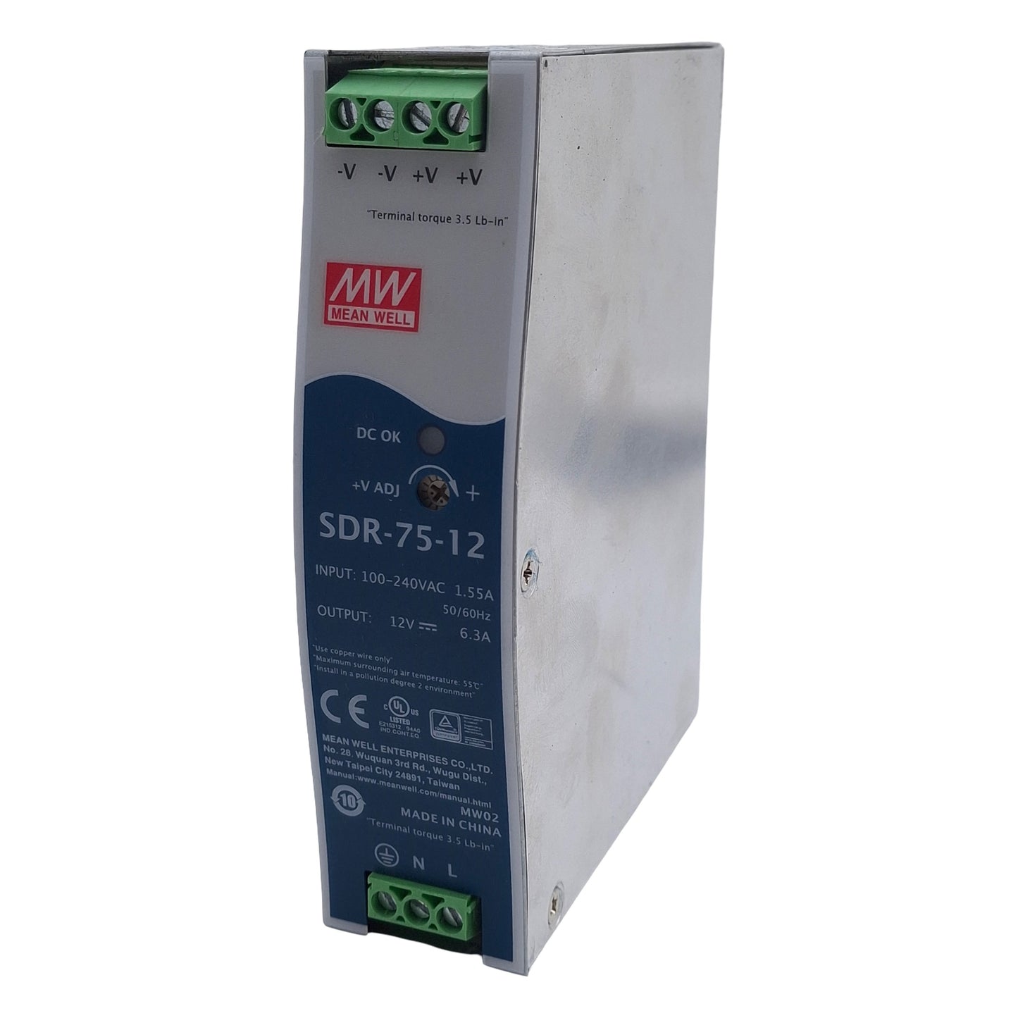 Used Mean Well SDR-75-12 Power Supply, 100-240VAC In, 6.3A 12VDC Out, Screw Mount