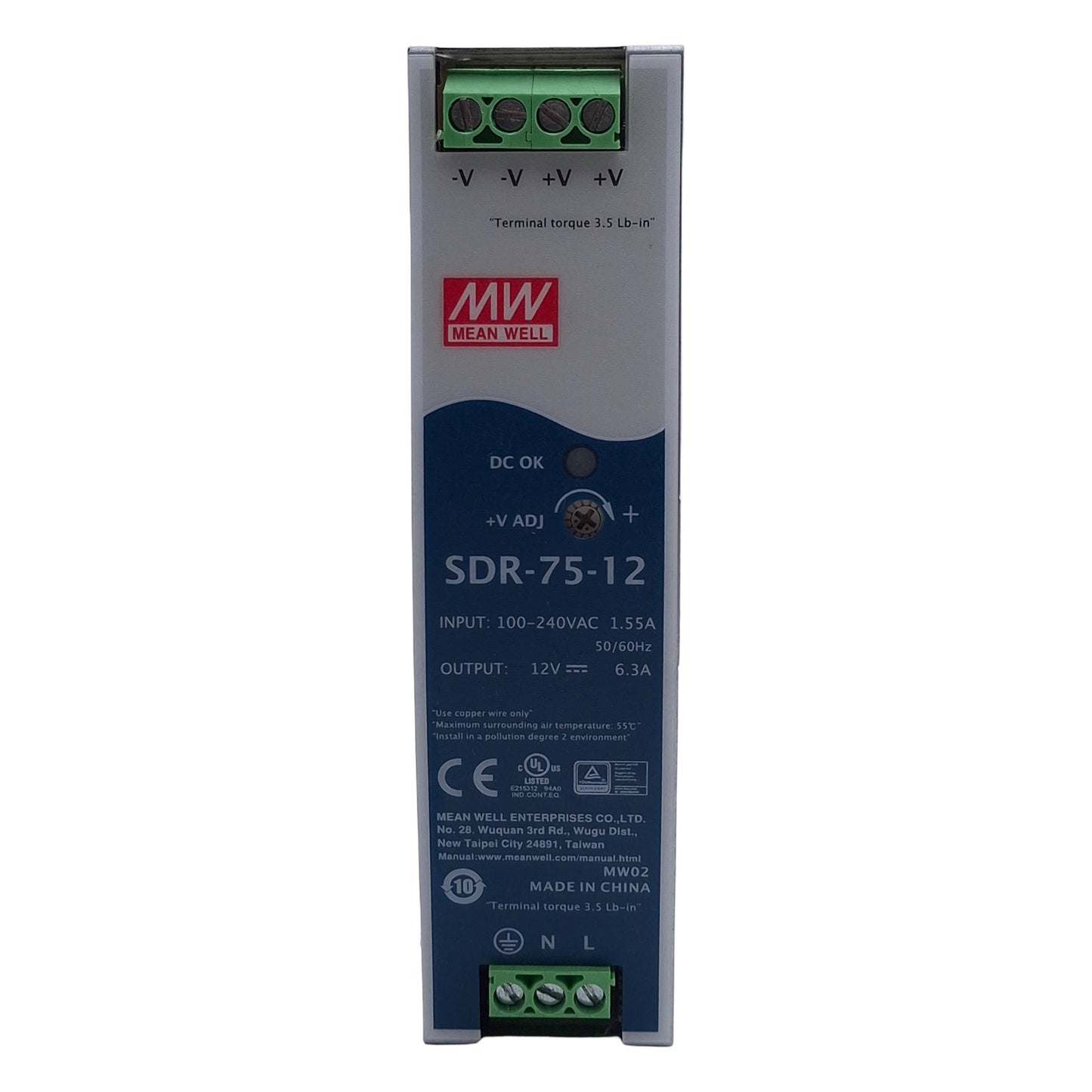Used Mean Well SDR-75-12 Power Supply, 100-240VAC In, 6.3A 12VDC Out, Screw Mount