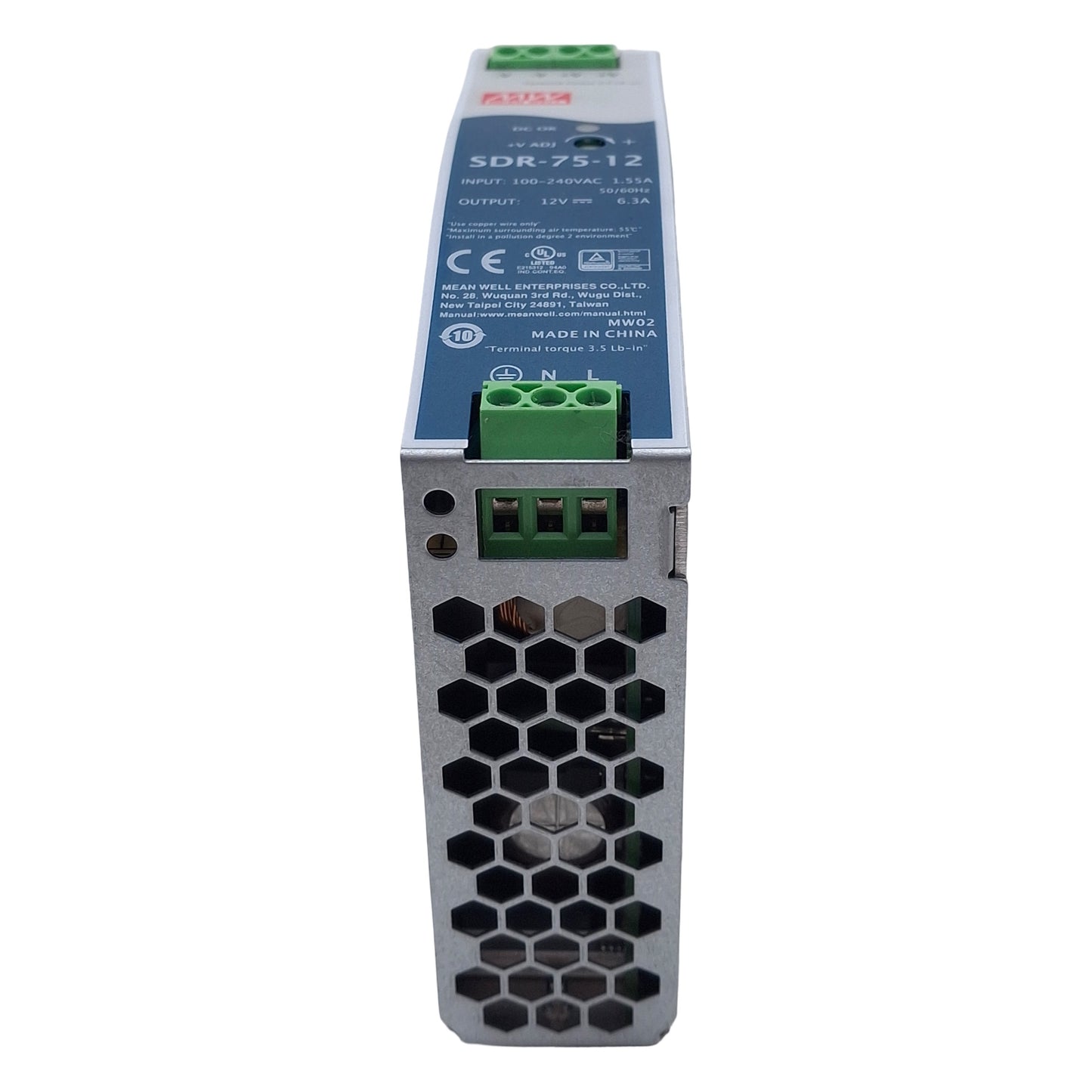 Used Mean Well SDR-75-12 Power Supply, 100-240VAC In, 6.3A 12VDC Out, Screw Mount