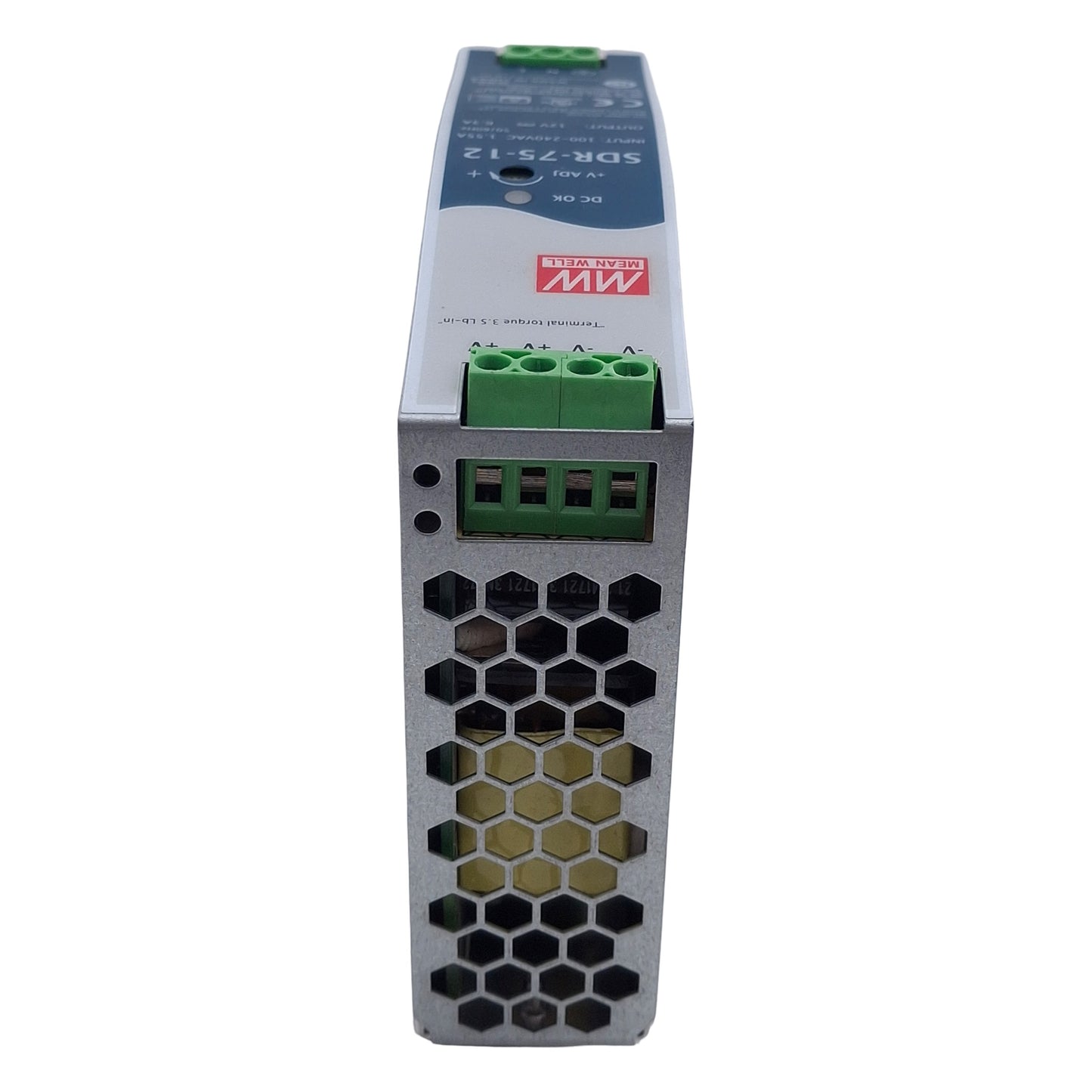 Used Mean Well SDR-75-12 Power Supply, 100-240VAC In, 6.3A 12VDC Out, Screw Mount