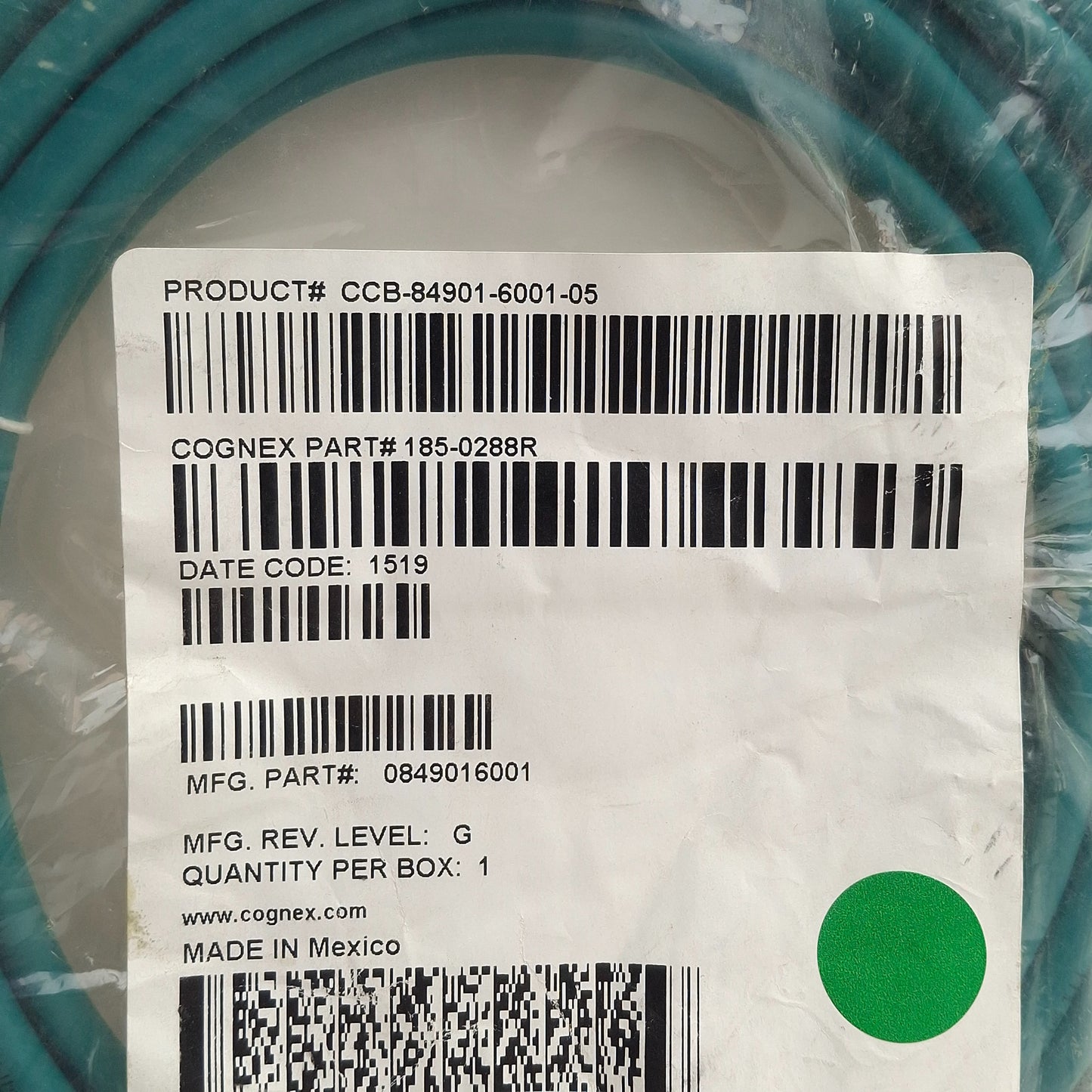 New – Open box Cognex 185-0288R CCB-84901-6001-05 PLC Ethernet Cable, 5m, M12 to RJ45 Male