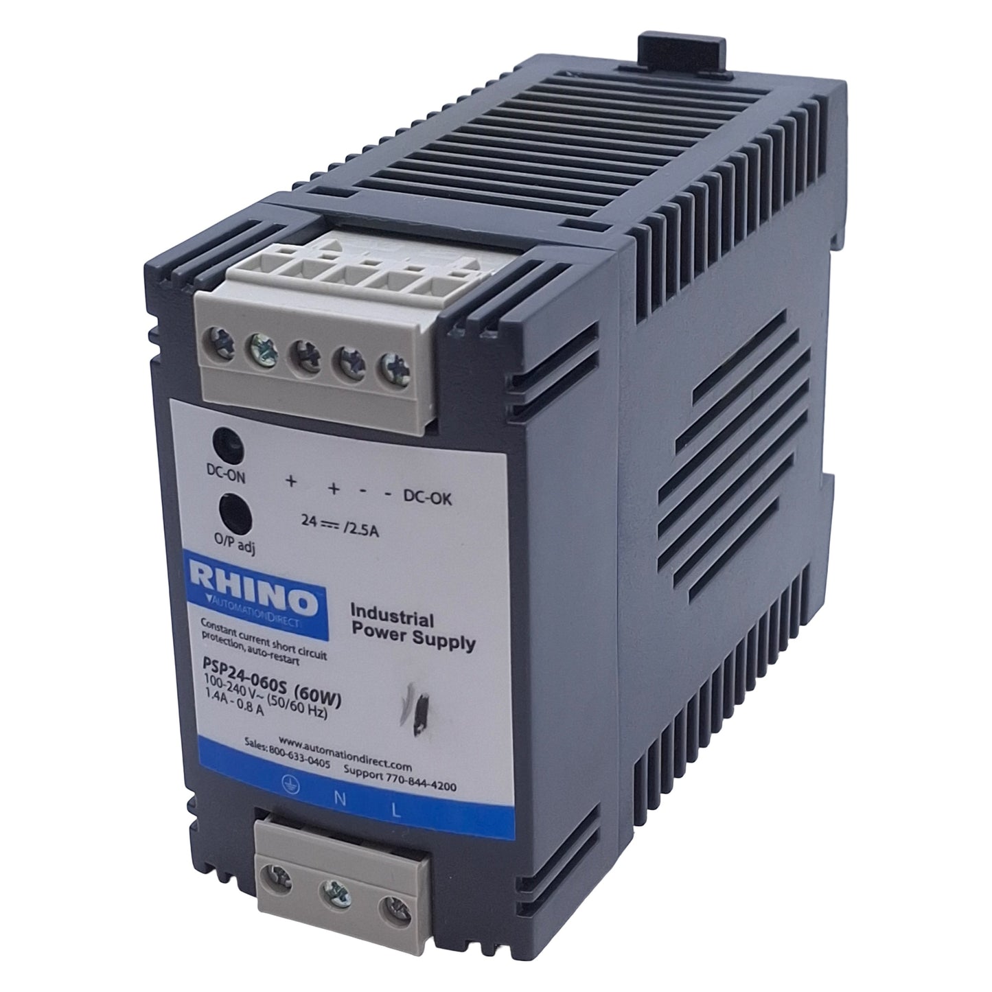 Used Automation Direct PSP24-060S Rhino Power Supply 85-264VAC/85-375VDC In, 24-28VDC