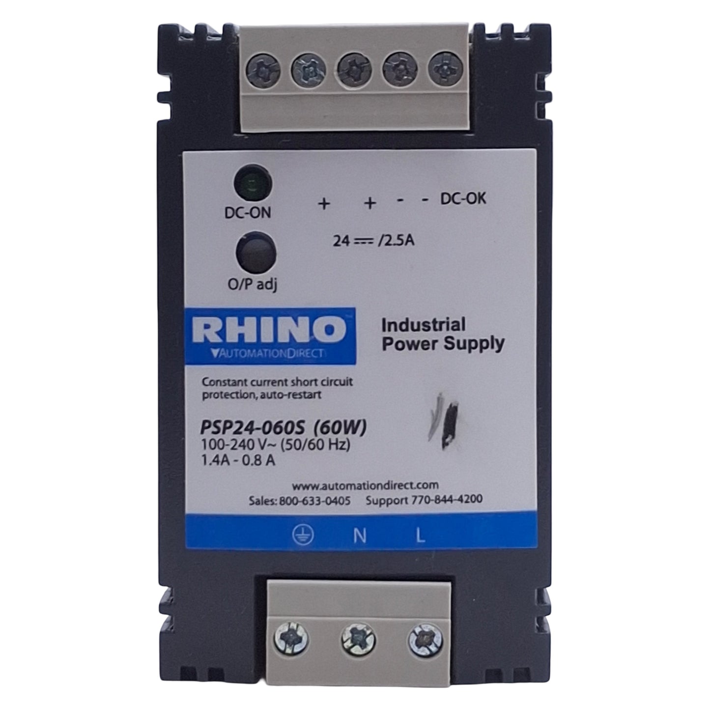 Used Automation Direct PSP24-060S Rhino Power Supply 85-264VAC/85-375VDC In, 24-28VDC
