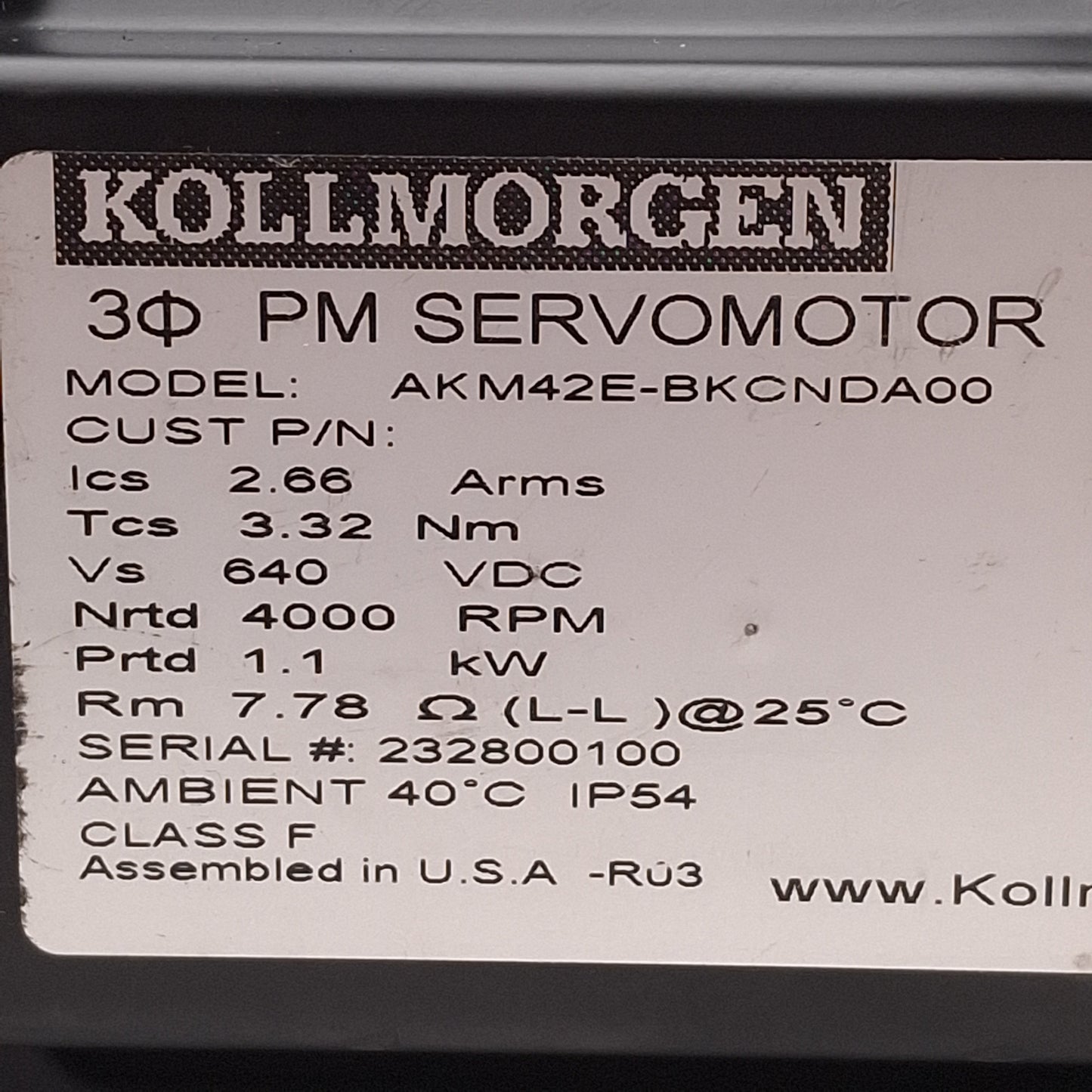 Used Kollmorgen AKM42E-BKCNDA00 Servo Motor 1.1kW 2.66A, 4000rpm, 640VDC Bus, NEMA 34