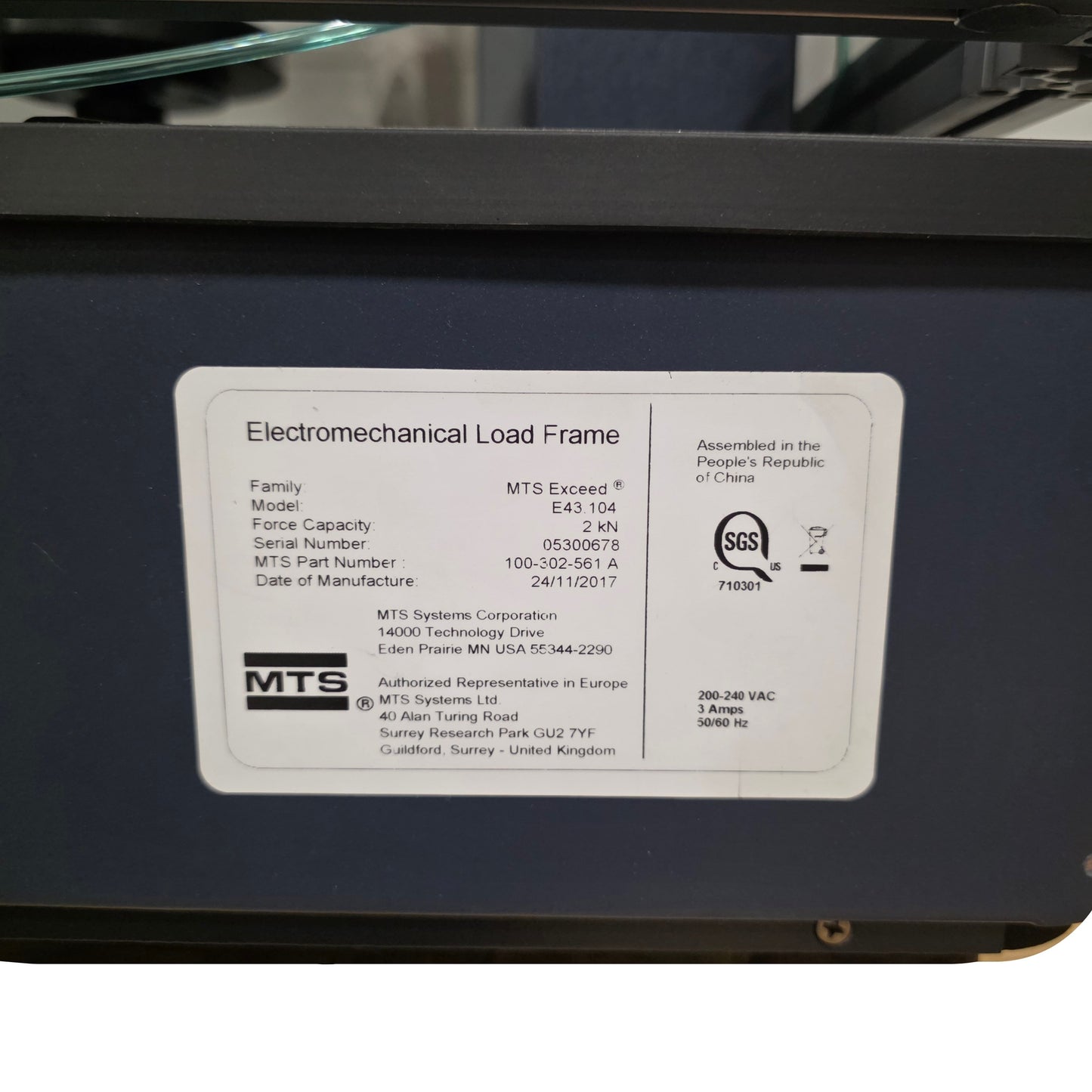 Used MTS Exceed E43.104 Electromechanical Universal Test System 1000mm 2kN 240VAC 3A