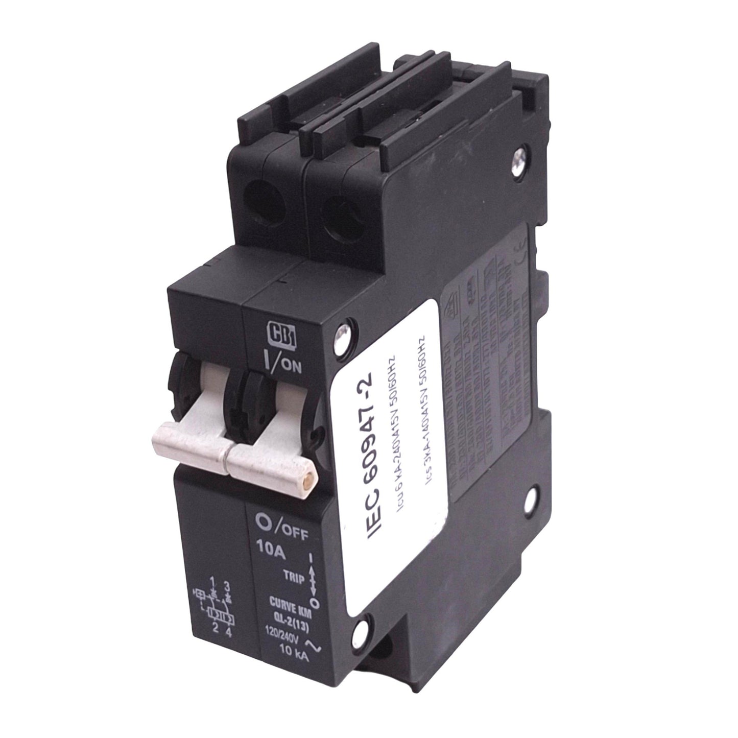 Used CBI QL-2(13) Circuit Breaker, 2-Pole 10A, 120/240VAC Max, DIN Rail, KM Curve