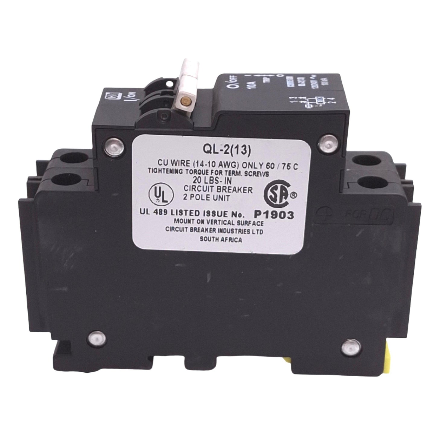 Used CBI QL-2(13) Circuit Breaker, 2-Pole 10A, 120/240VAC Max, DIN Rail, KM Curve