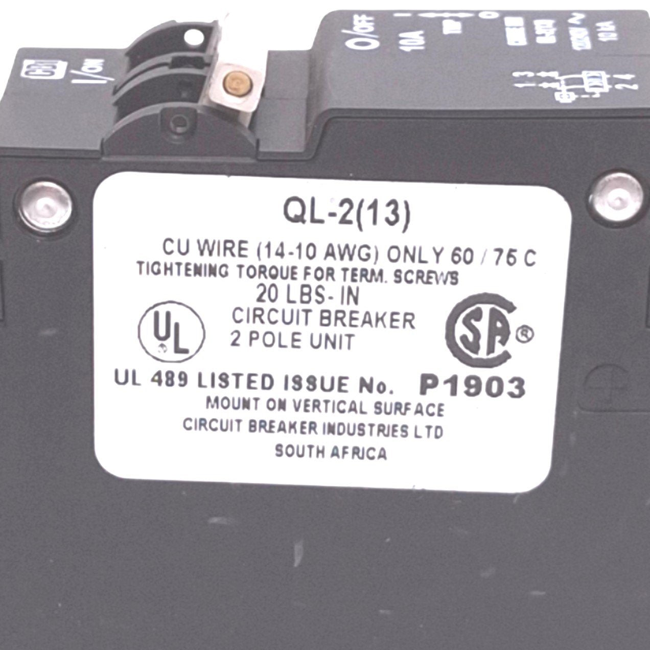 Used CBI QL-2(13) Circuit Breaker, 2-Pole 10A, 120/240VAC Max, DIN Rail, KM Curve