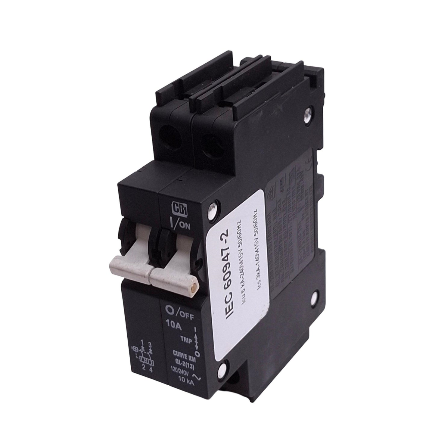 Used CBI QL-2(13) Circuit Breaker, 2-Pole 10A, 120/240VAC Max, DIN Rail, KM Curve