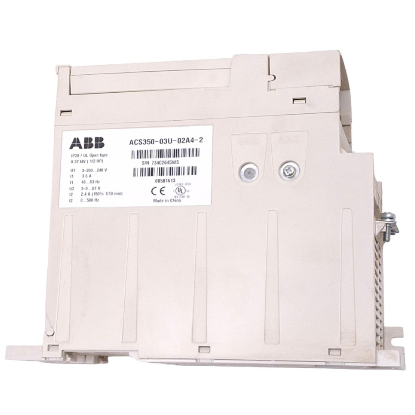 Used ABB ACS350-03U-02A4-2 Variable Frequency Drive, 3ph 0-240VAC 0-500Hz, 1/2hp