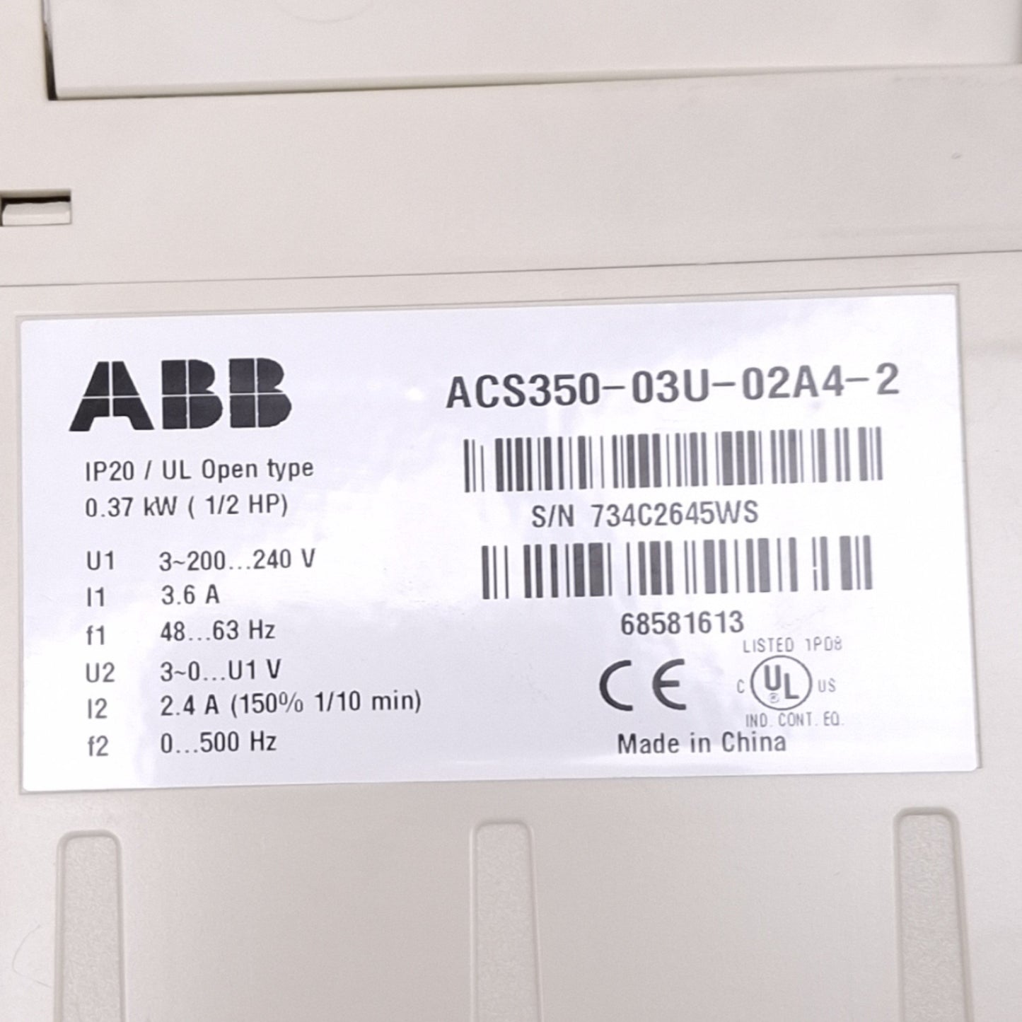Used ABB ACS350-03U-02A4-2 Variable Frequency Drive, 3ph 0-240VAC 0-500Hz, 1/2hp