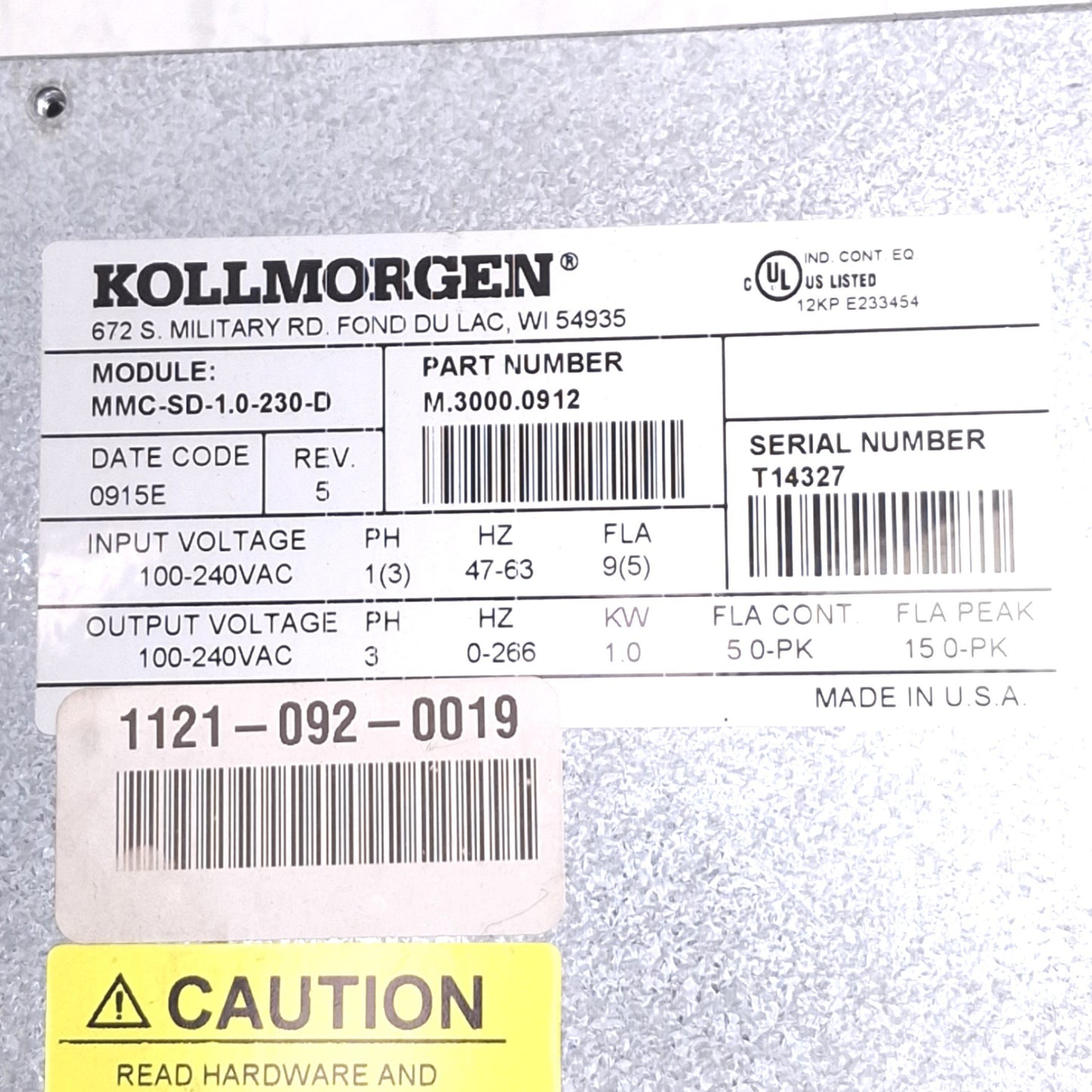 Used Kollmorgen MMC-SD-1.0-230-D Smart Servo Drive, 3ph 100-240VAC 5A, 1.0kW Max