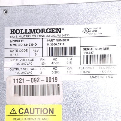 Used Kollmorgen MMC-SD-1.0-230-D Smart Servo Drive, 3ph 100-240VAC 5A, 1.0kW Max