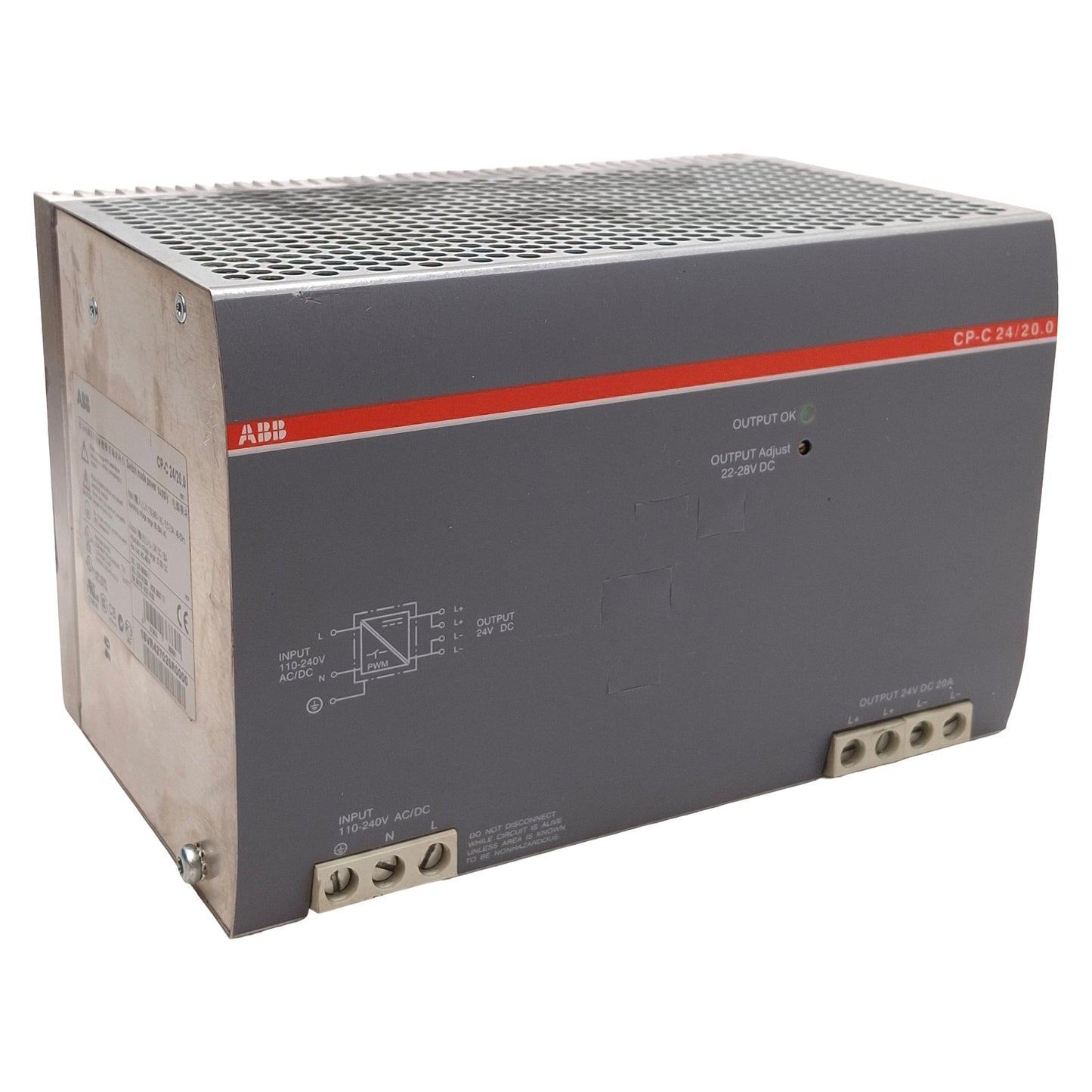 Used ABB CP-C24/20.0 Power Supply, 24VDC 20A 480W Output, 110-240VAC Input, DIN Rail