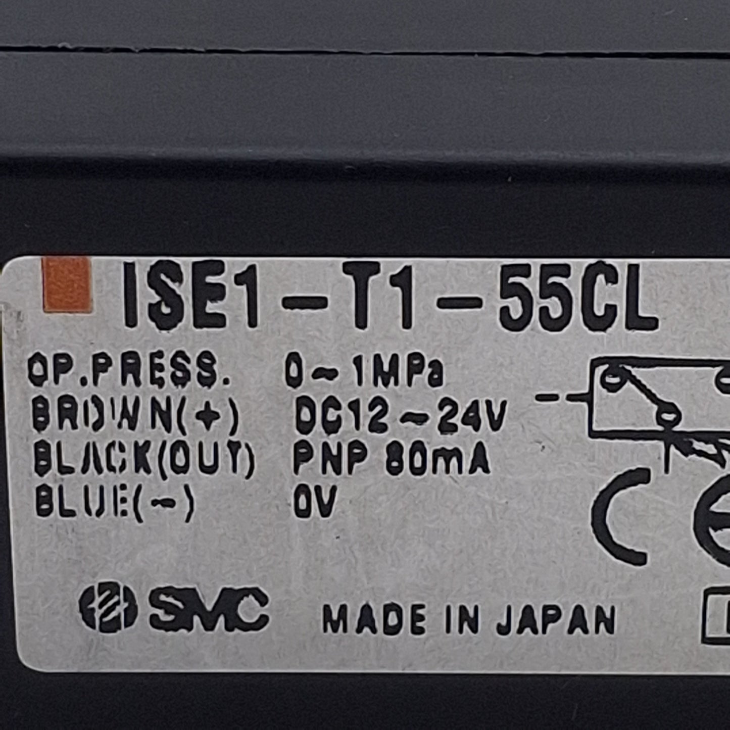 Used SMC ISE1-T1-55CL Pressure Switch, PNP 80mA, 0-1MPa, 12-24VDC, 1/8in NPT