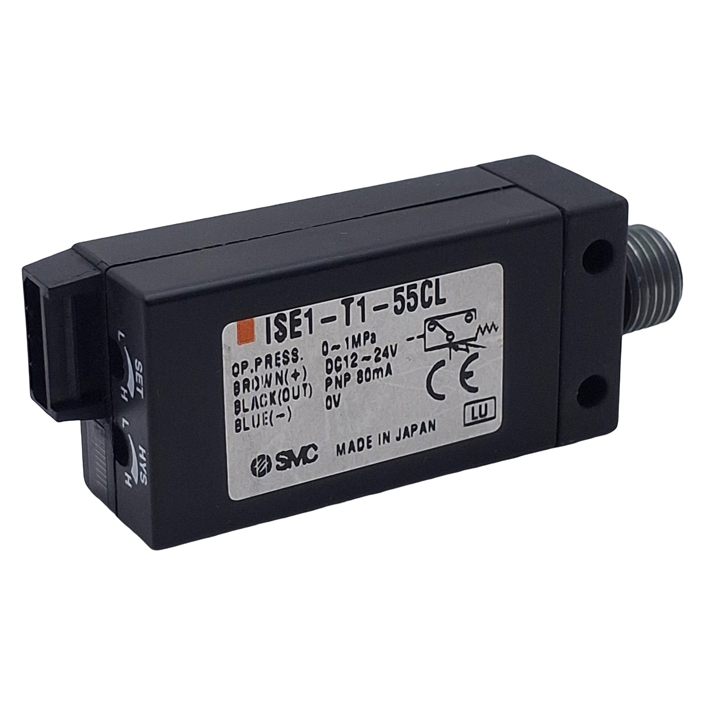 Used SMC ISE1-T1-55CL Pressure Switch, PNP 80mA, 0-1MPa, 12-24VDC, 1/8in NPT