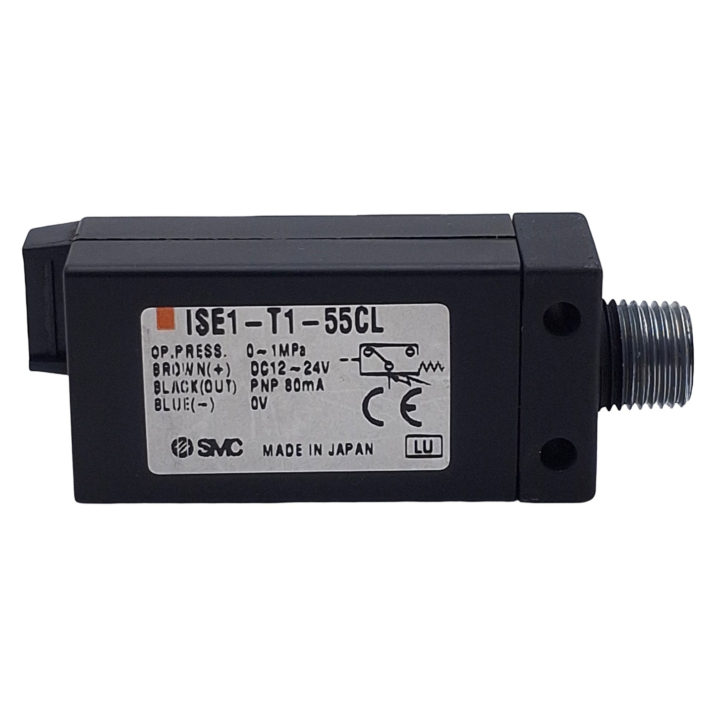 Used SMC ISE1-T1-55CL Pressure Switch, PNP 80mA, 0-1MPa, 12-24VDC, 1/8in NPT