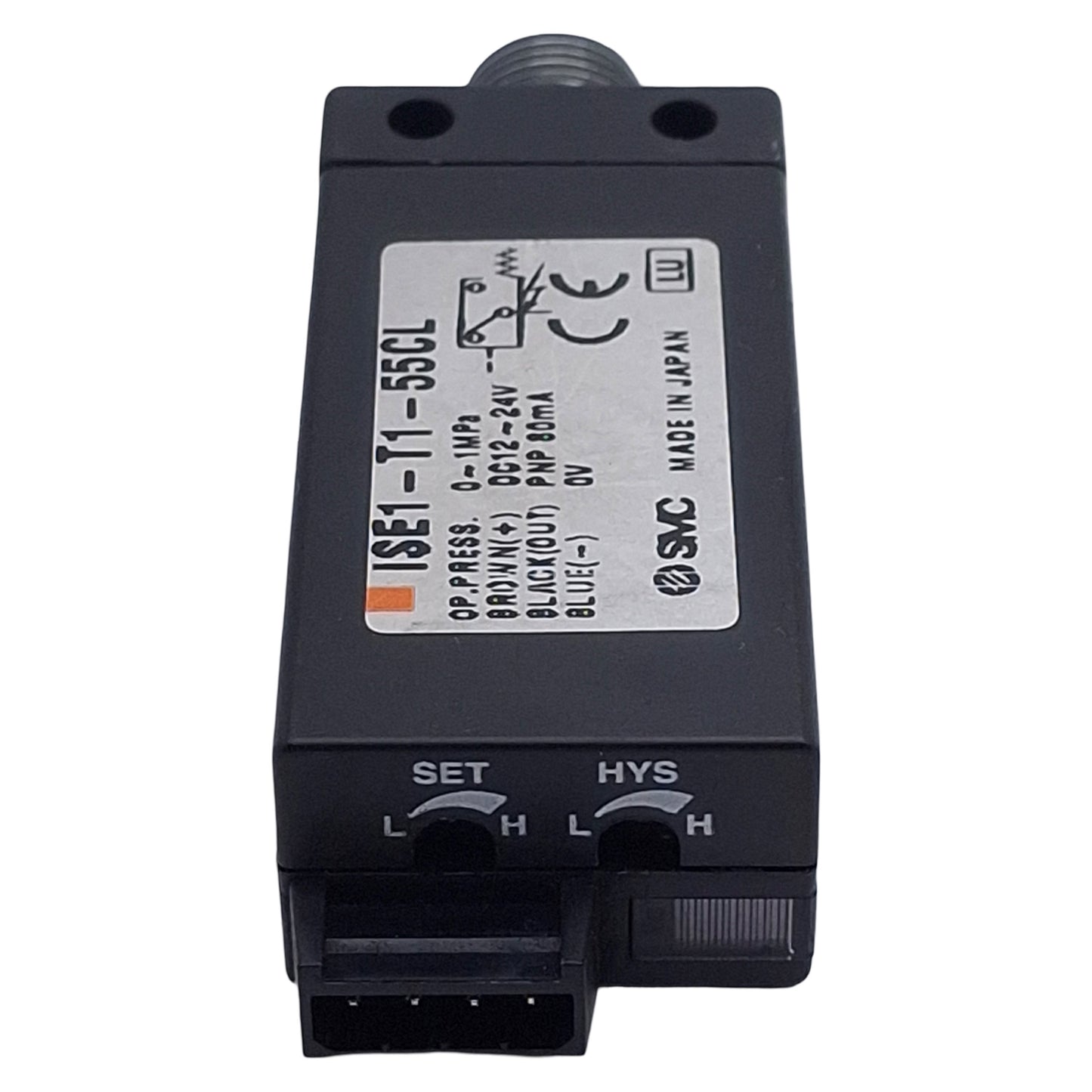 Used SMC ISE1-T1-55CL Pressure Switch, PNP 80mA, 0-1MPa, 12-24VDC, 1/8in NPT