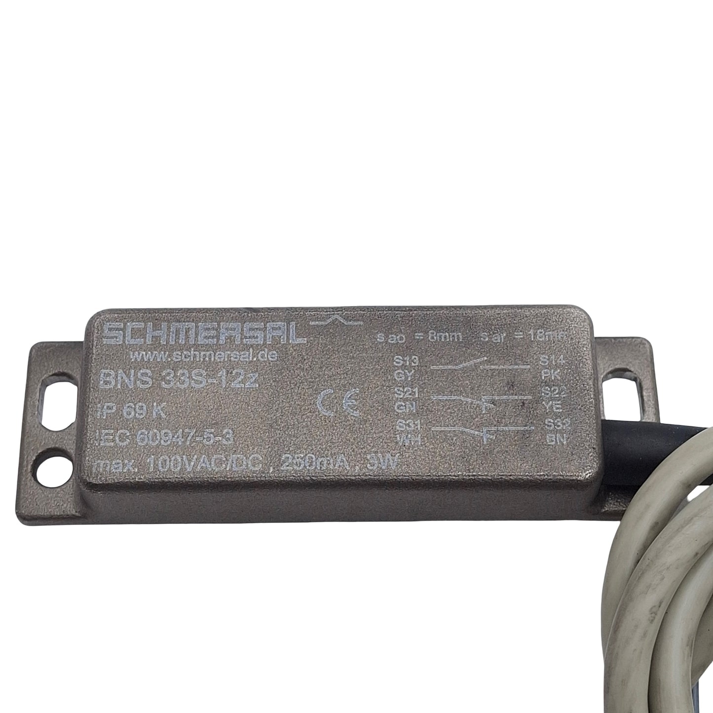 Used Schmersal BNS 33S-12Z Magnetic Safety Sensor, 1NO/2NC, 8/18mm Range, 100VAC/DC