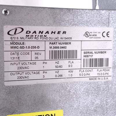 Used Danaher MMC-SD-1.0-230-D Smart Servo Drive, 3ph 100-230VAC 5A, 1.0kW Max