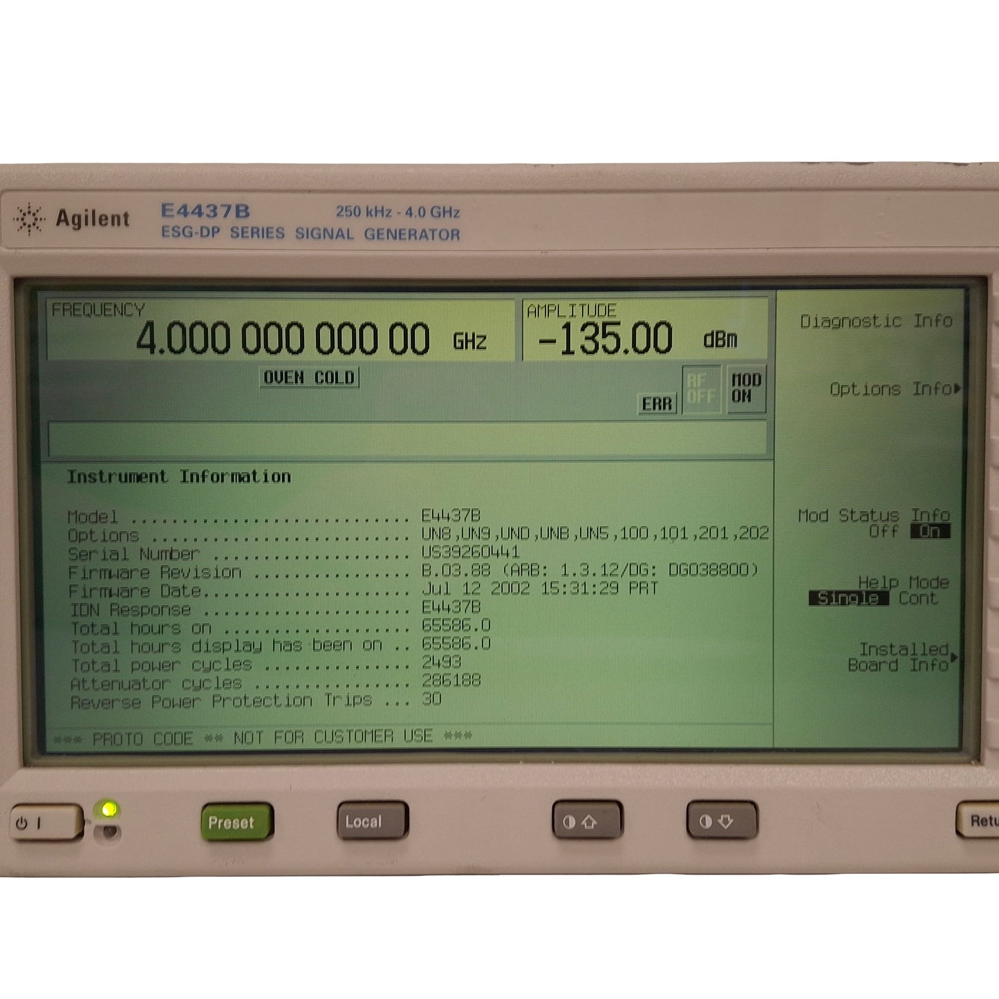 Used Agilent E4437B ESG-DP Signal Generator w/ 100 101 201 202 UN5 UN8 UN9 UNB UND