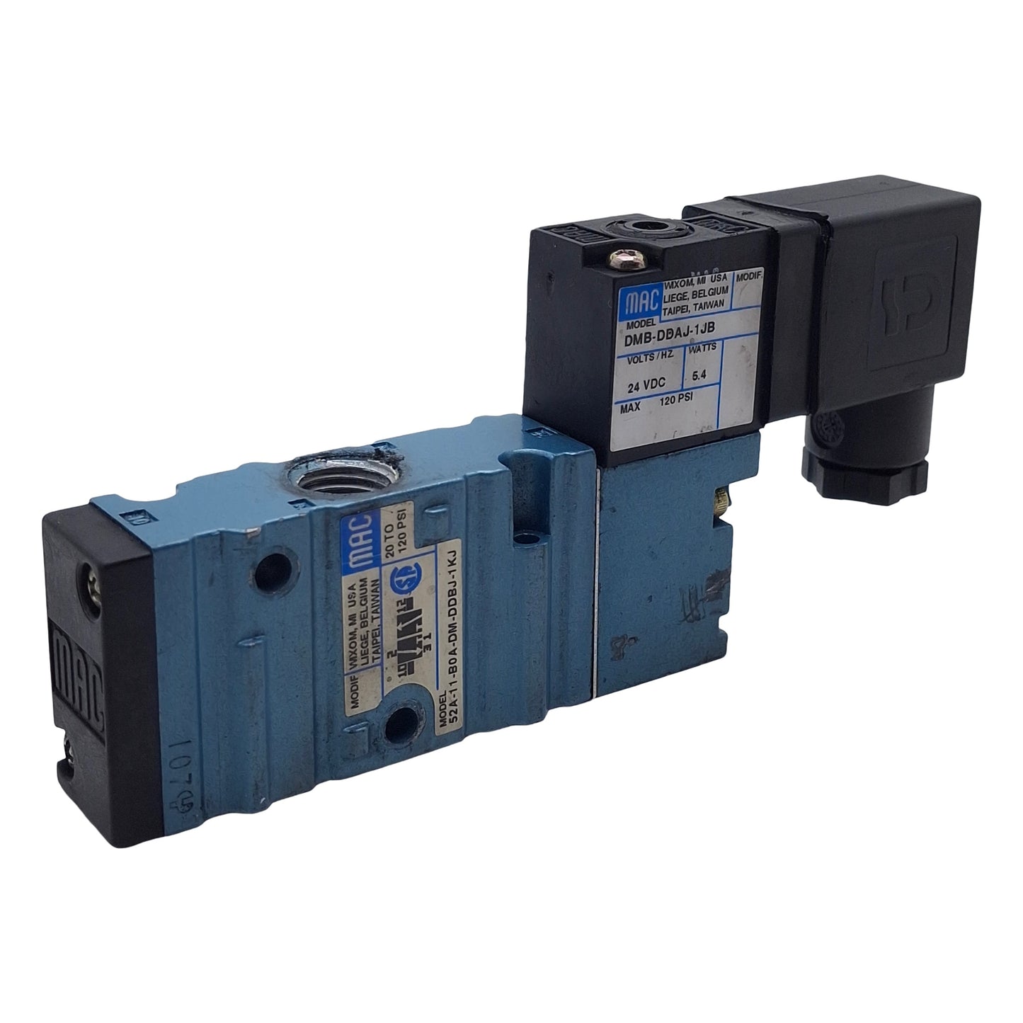 Used Mac 52A-11-B0A-DM-DDBJ-1KJ Solenoid Valve 3/2-Way 1/4 NPT, 20-120psi, 24VDC Coil