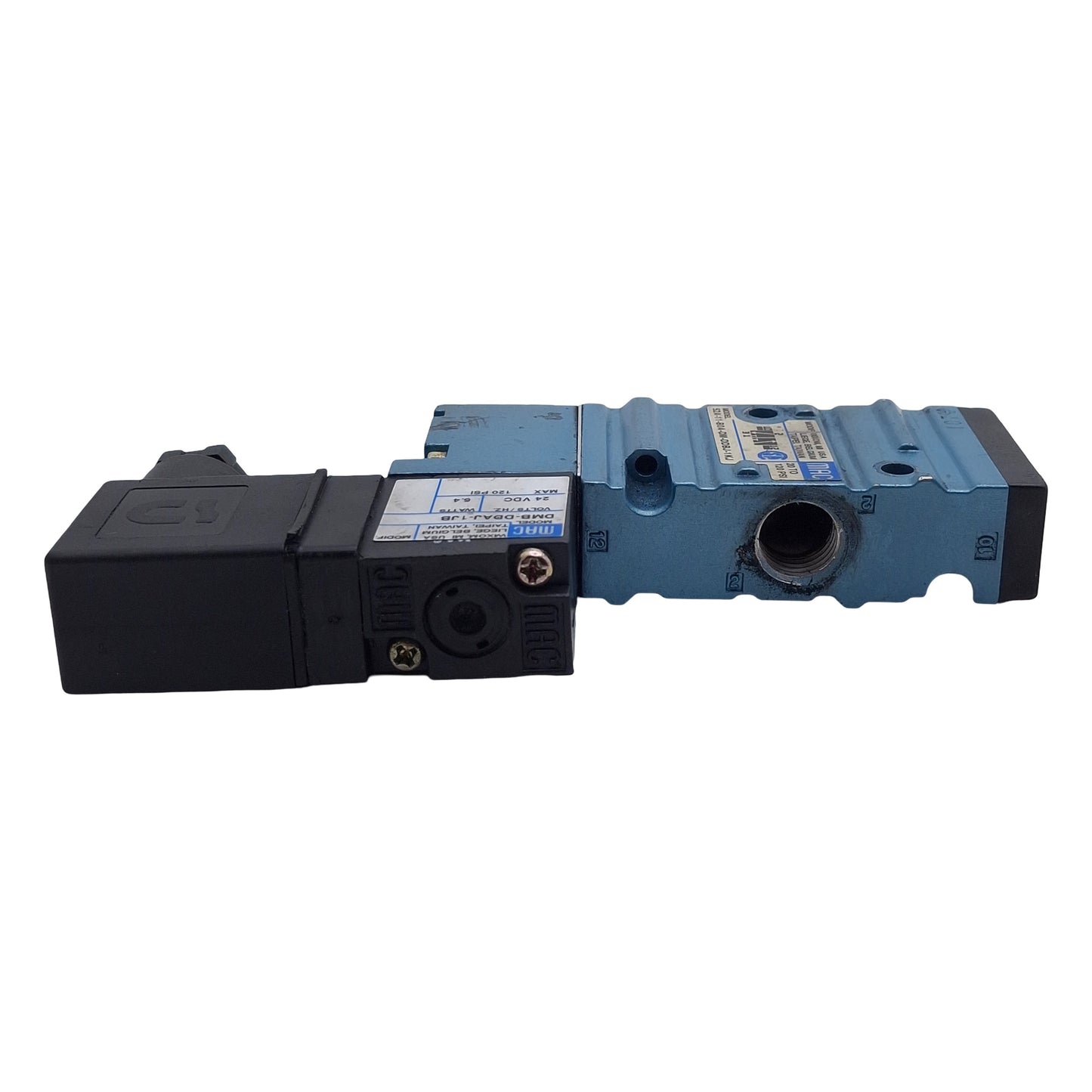 Used Mac 52A-11-B0A-DM-DDBJ-1KJ Solenoid Valve 3/2-Way 1/4 NPT, 20-120psi, 24VDC Coil