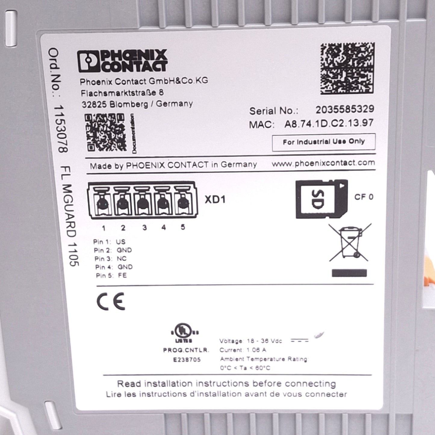 Used Phoenix Contact 1153078 FL MGUARD 1105 Ethernet Router, 5-Port, 1000Mbps, 24VDC
