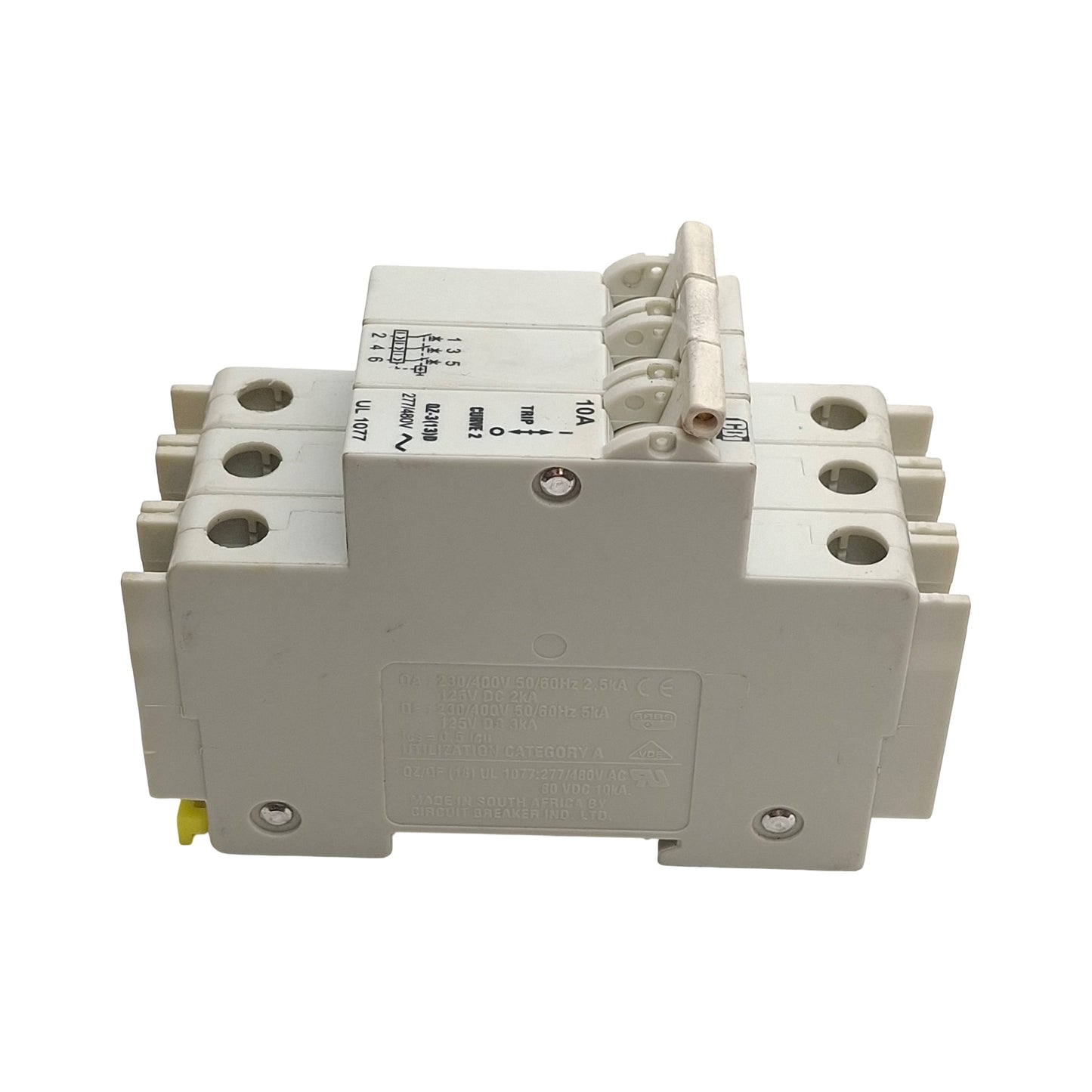 Used CDI QZ-3-13-D-2-10A Miniature Circuit Breaker, 10A, 277/480VAC, 3-Pole, DIN Rail